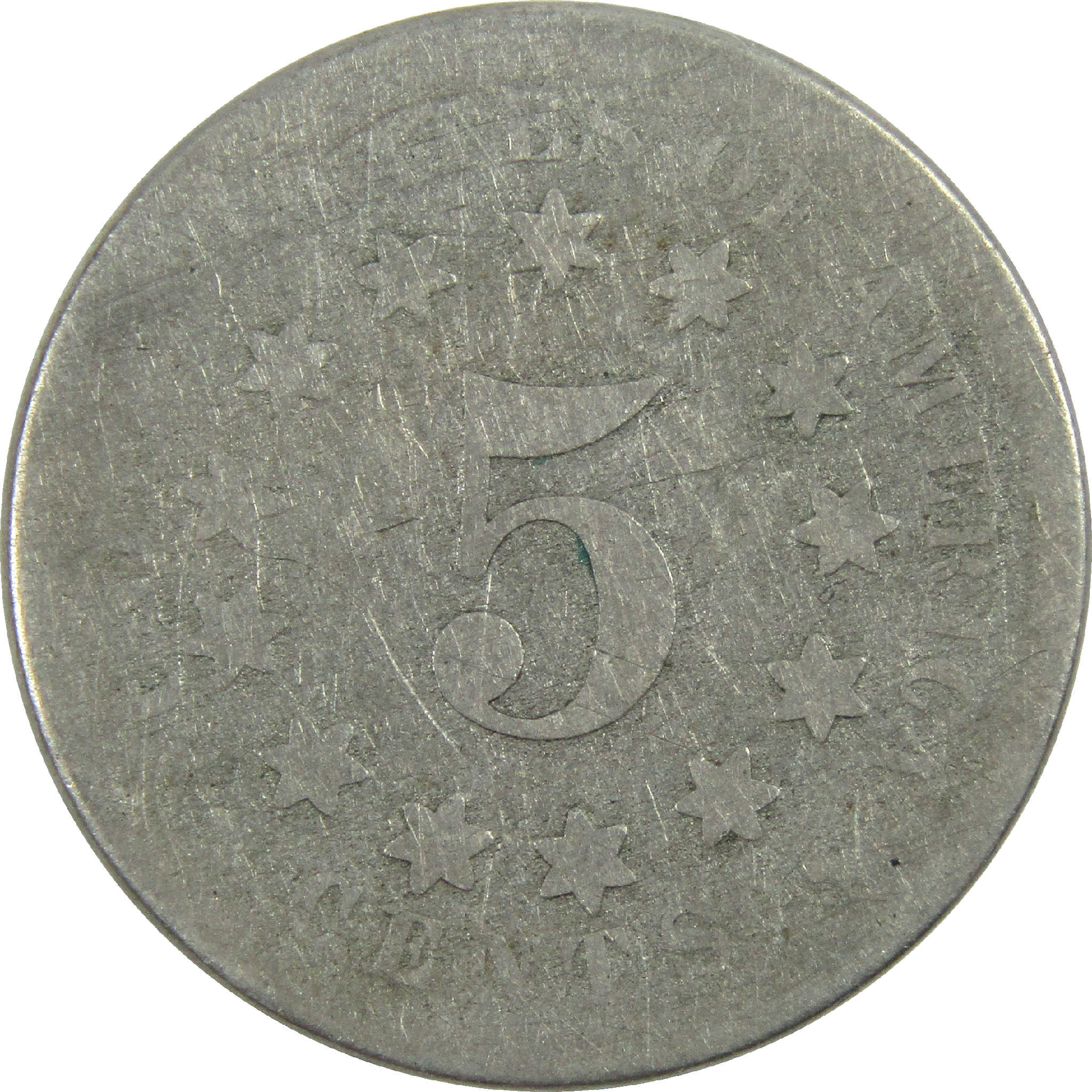 1867 No Rays Shield Nickel AG About Good 5c Coin SKU:I12251
