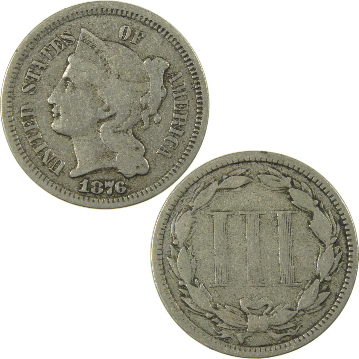 1876 Nickel Three Cent Piece VG Very Good 3c Coin Collectible