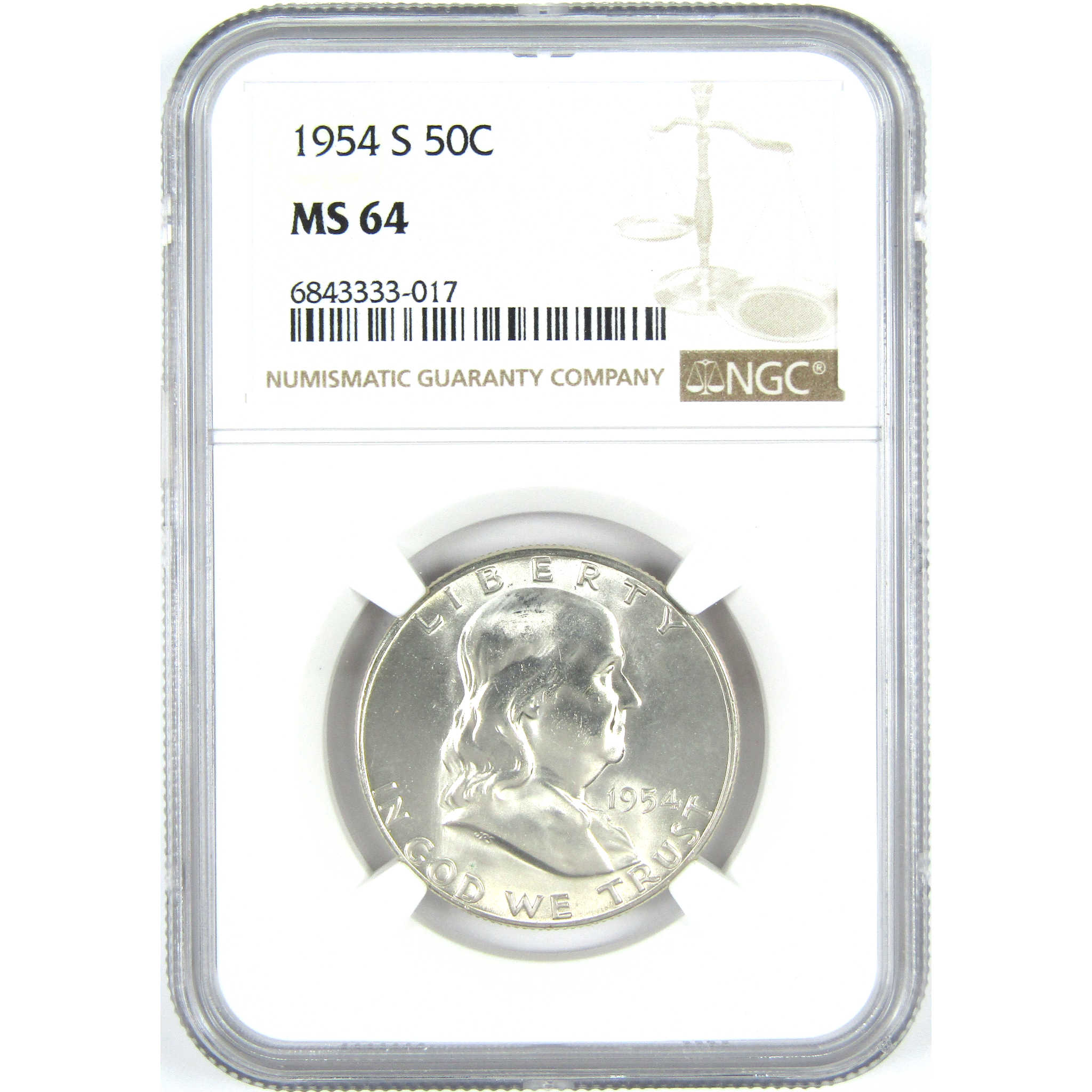 1954 S Franklin Half Dollar MS 64 NGC Silver 50c Unc Coin SKU:I15222