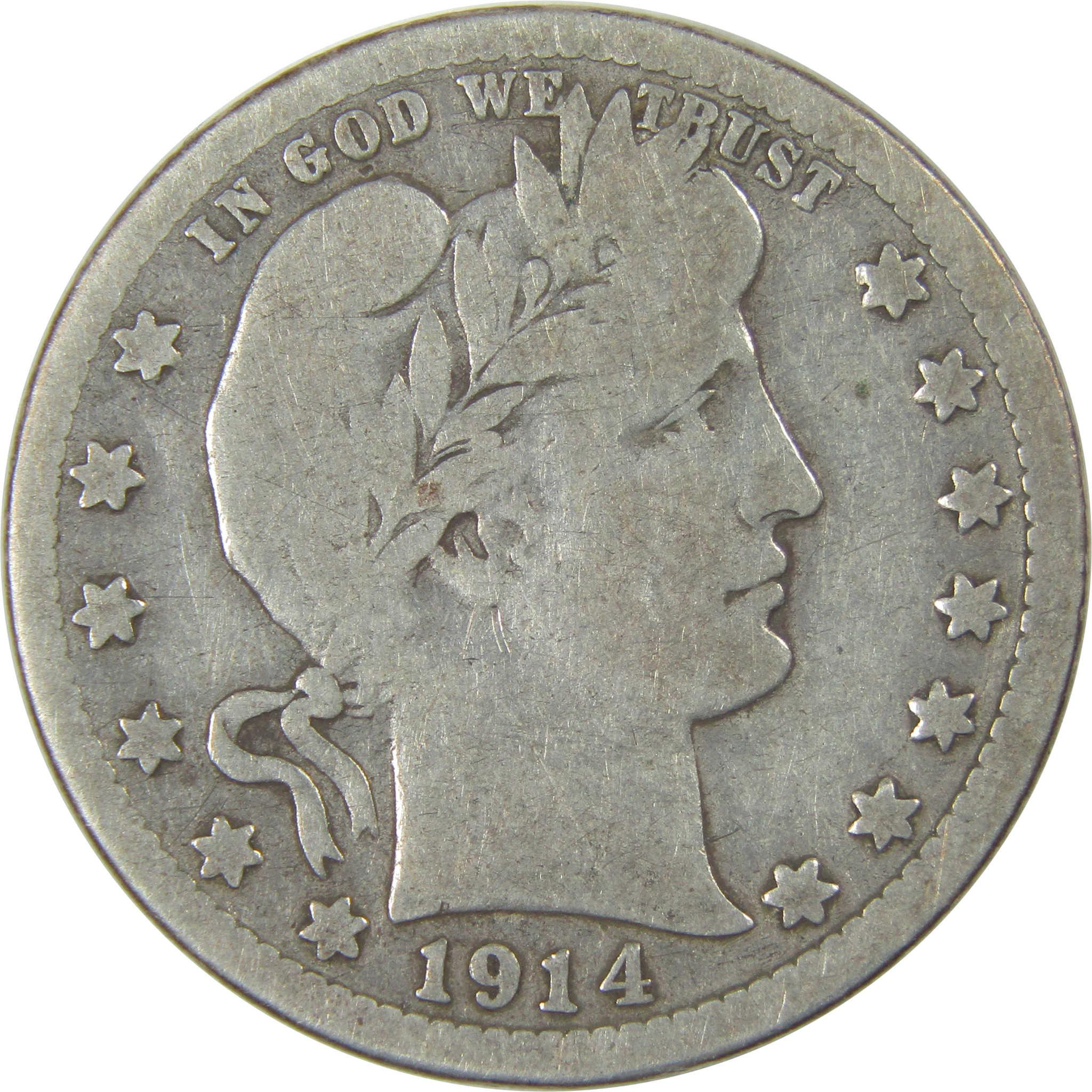 1914 S Barber Quarter VG Very Good Silver 25c Coin SKU:I23809