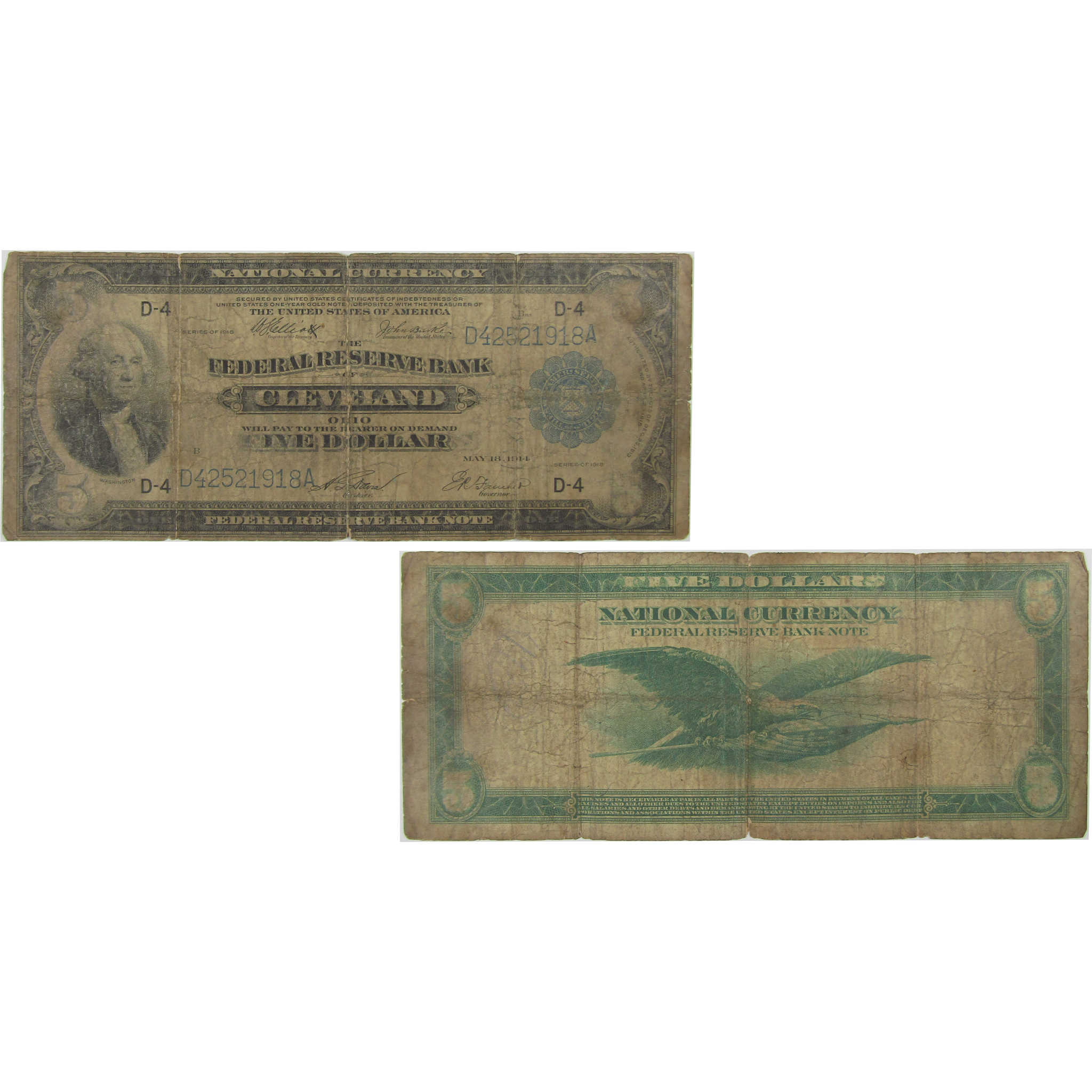 1918 $5 Federal Reserve Bank Note Cleveland OH Good SKU:I23178