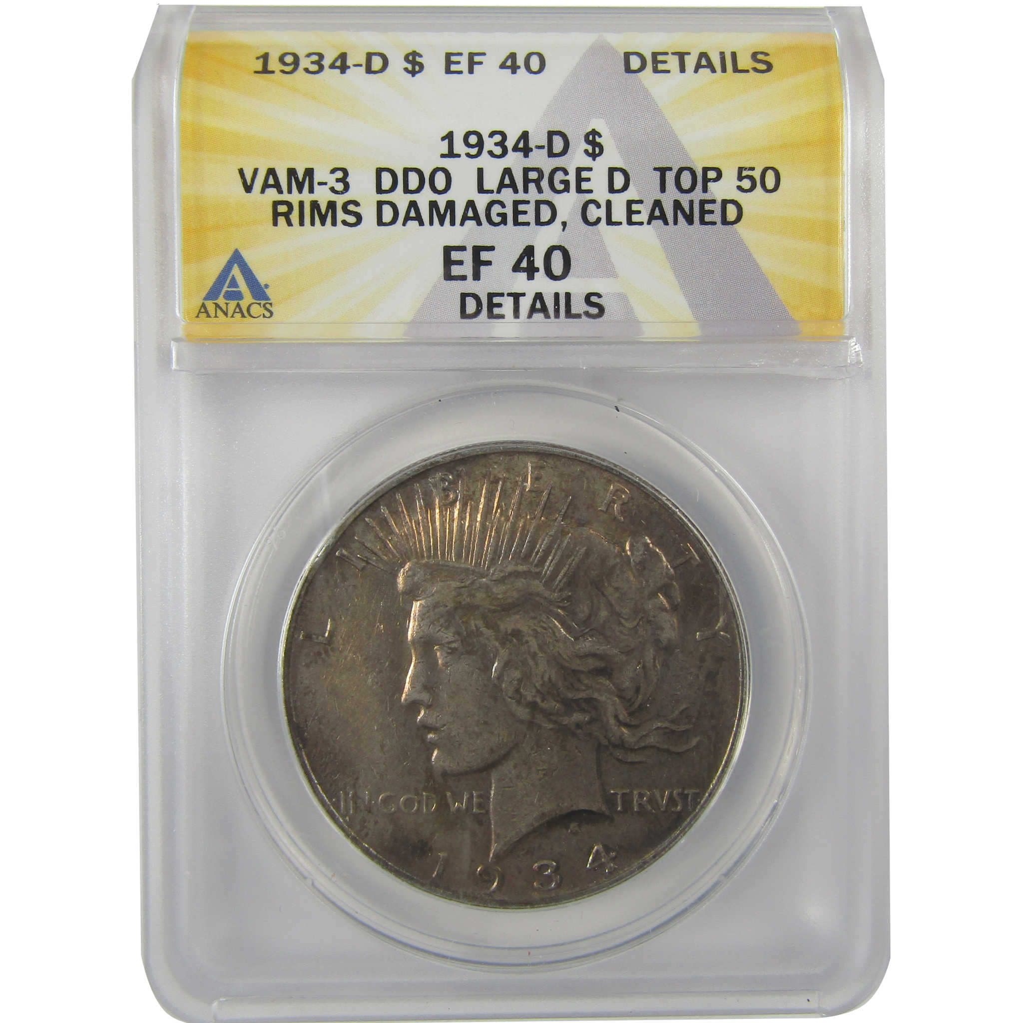 1934 D VAM-3 DDO Large D Peace Dollar EF 40 Details ANACS SKU:I21562
