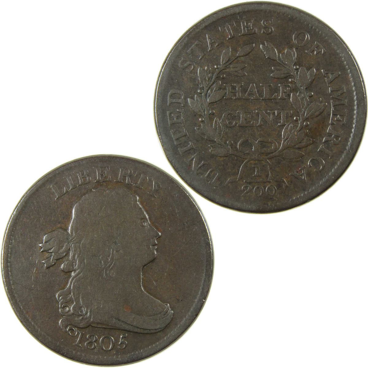1805 Medium 5 No Stems Draped Bust Copper Half Cent VG Very Good Coin