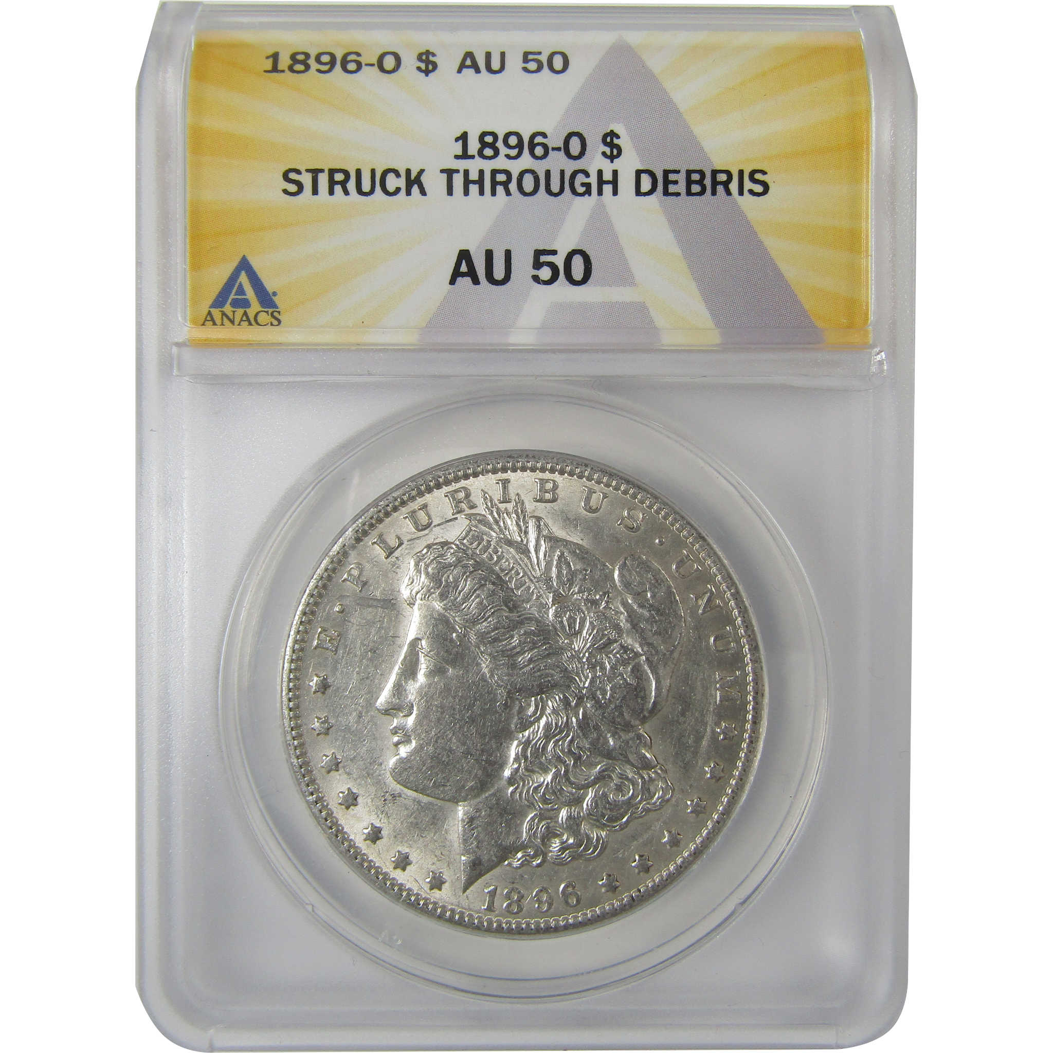1896 O Morgan Dollar AU 50 ANACS Struck Through Debris SKU:I18963 - Morgan coin - Morgan silver dollar - Morgan silver dollar for sale - Profile Coins &amp; Collectibles