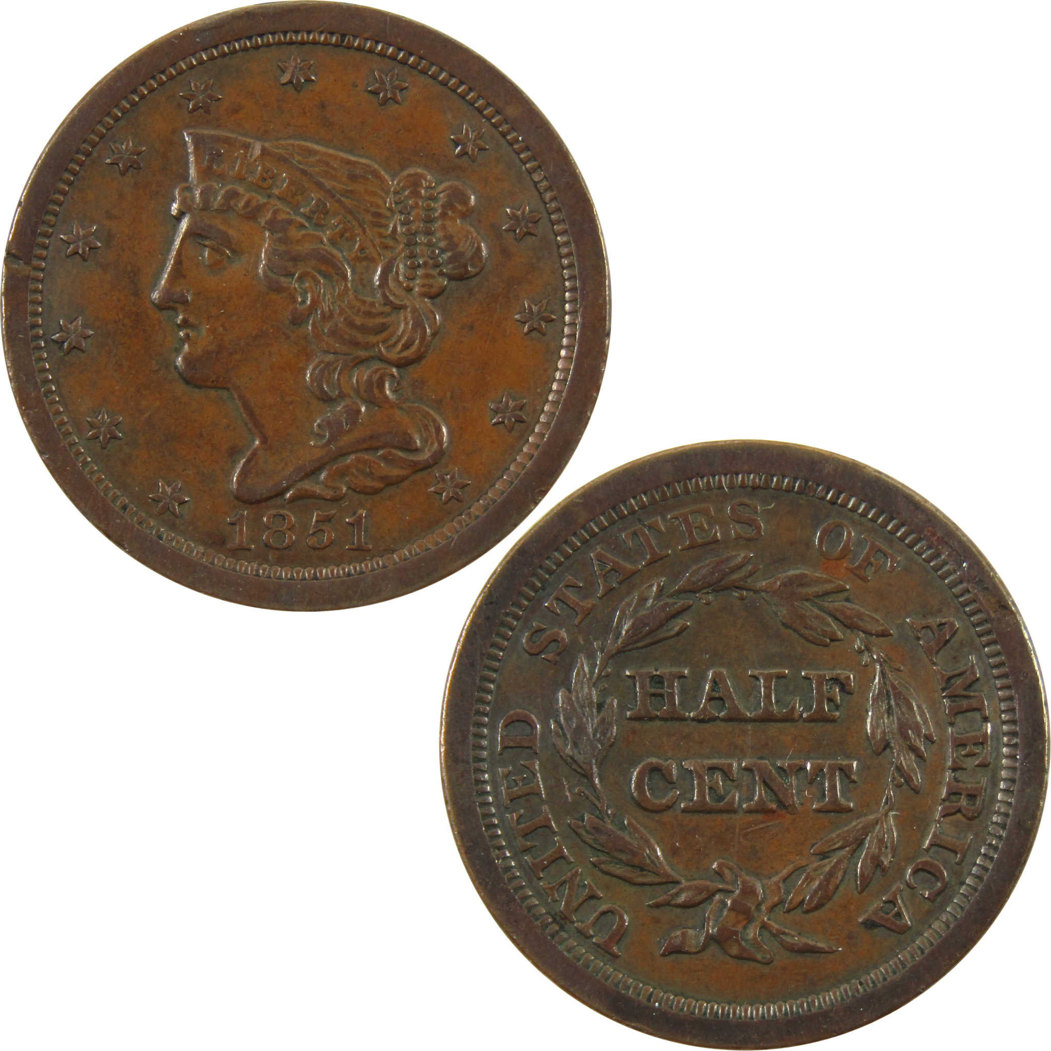 1851 Braided Hair Half Cent AU About Uncirculated Copper SKU:I10944