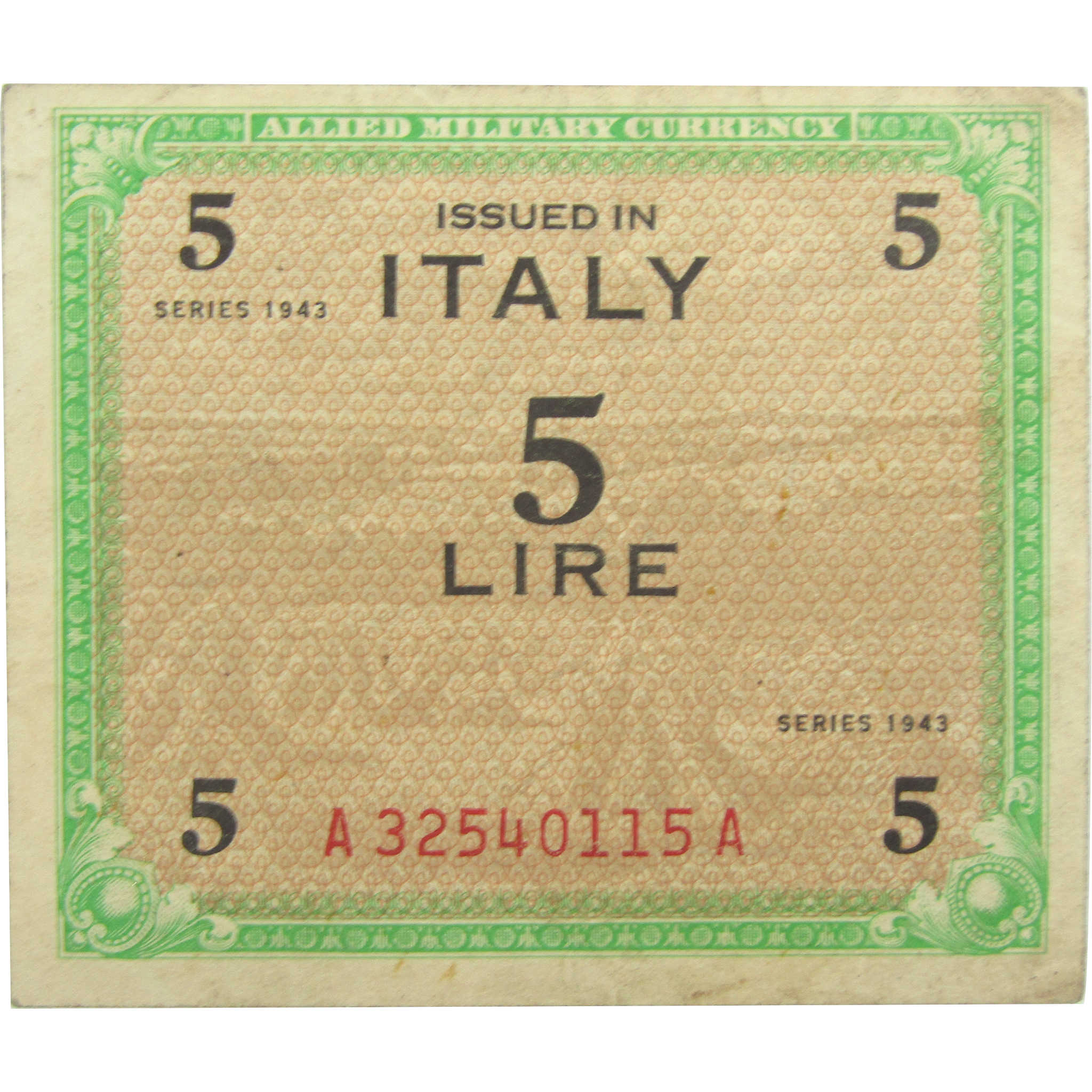 1943-1944 5 Lire Italy Allied Military Currency Note