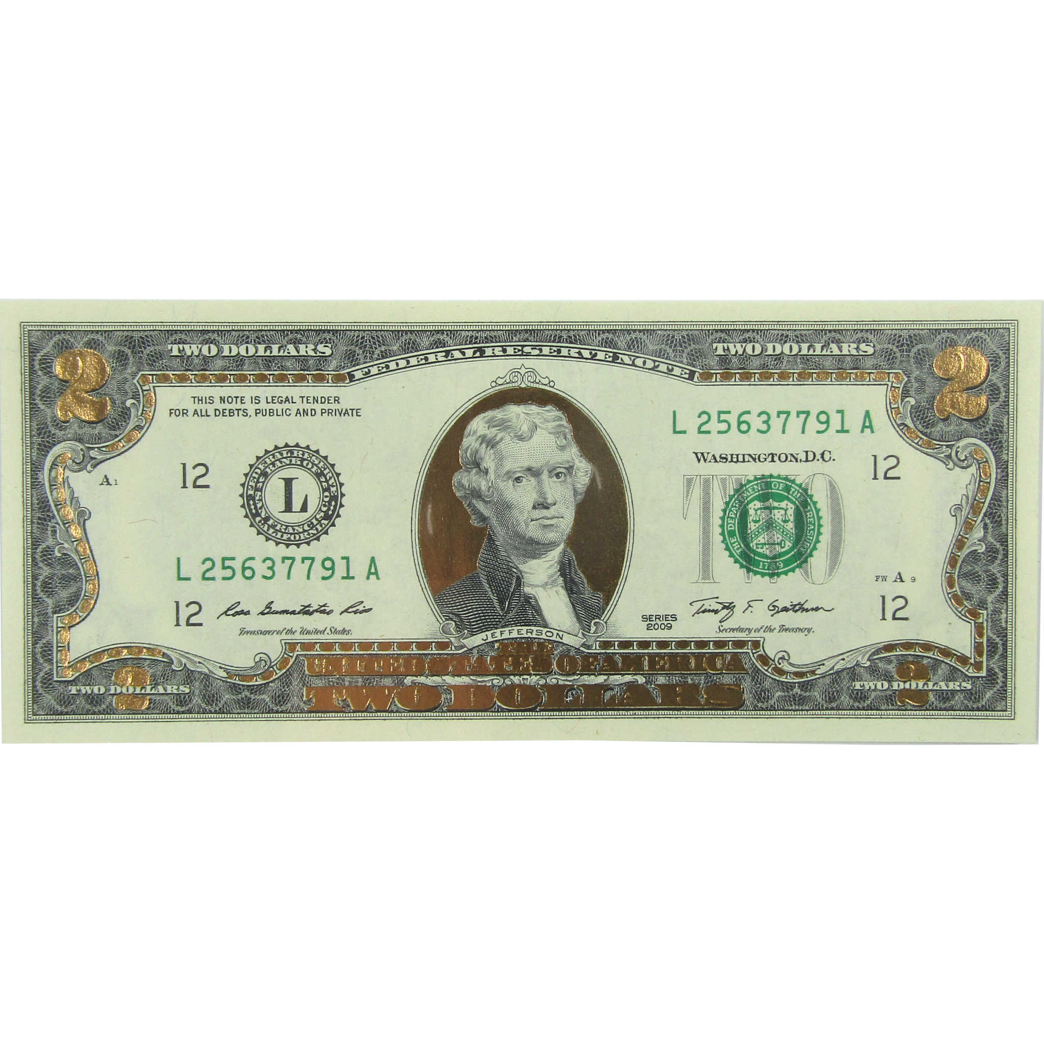 2009 $2 Federal Reserve Note 22 Karat Gold Foil Edition SKU:CPC9397