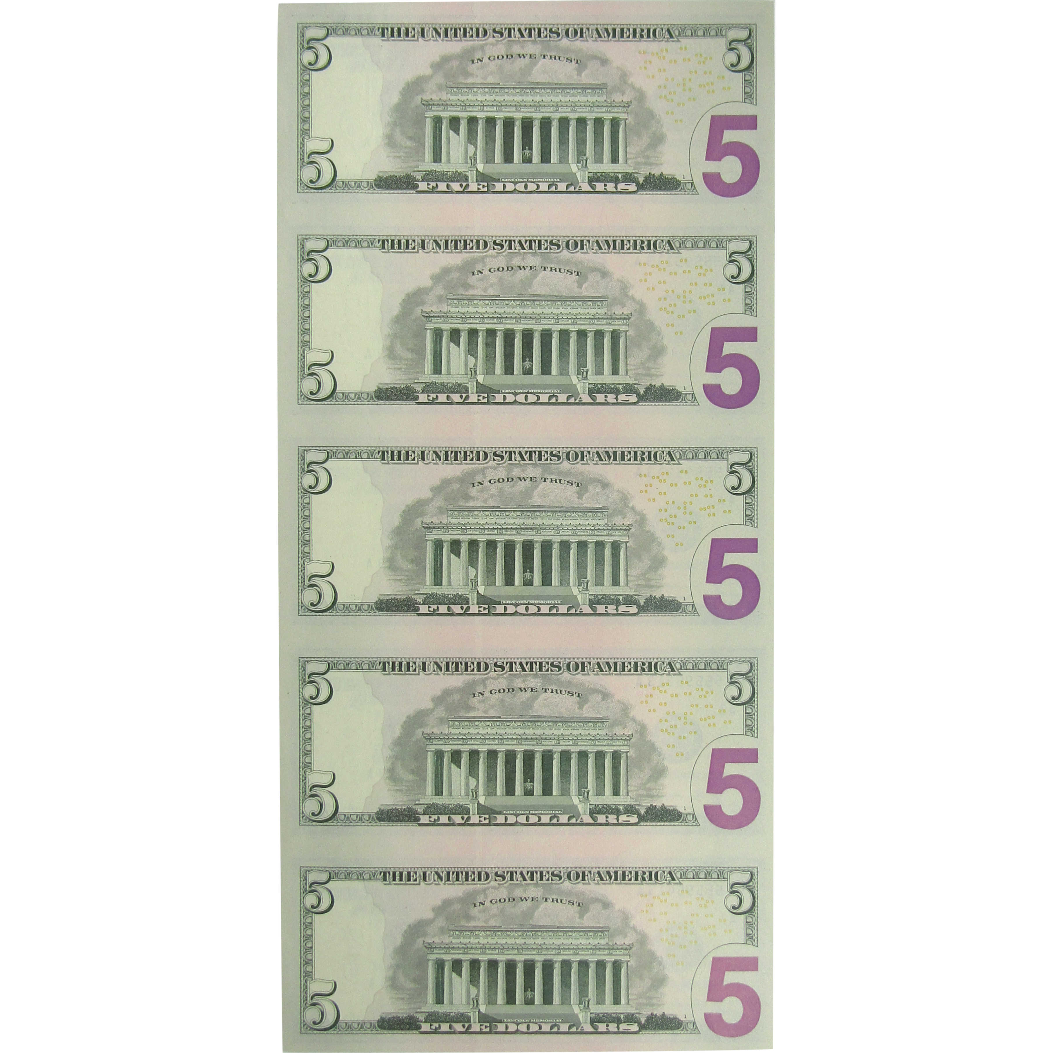 2021 $5 Federal Reserve 5 Note Uncut Sheet CCU OGP COA SKU:OPC197