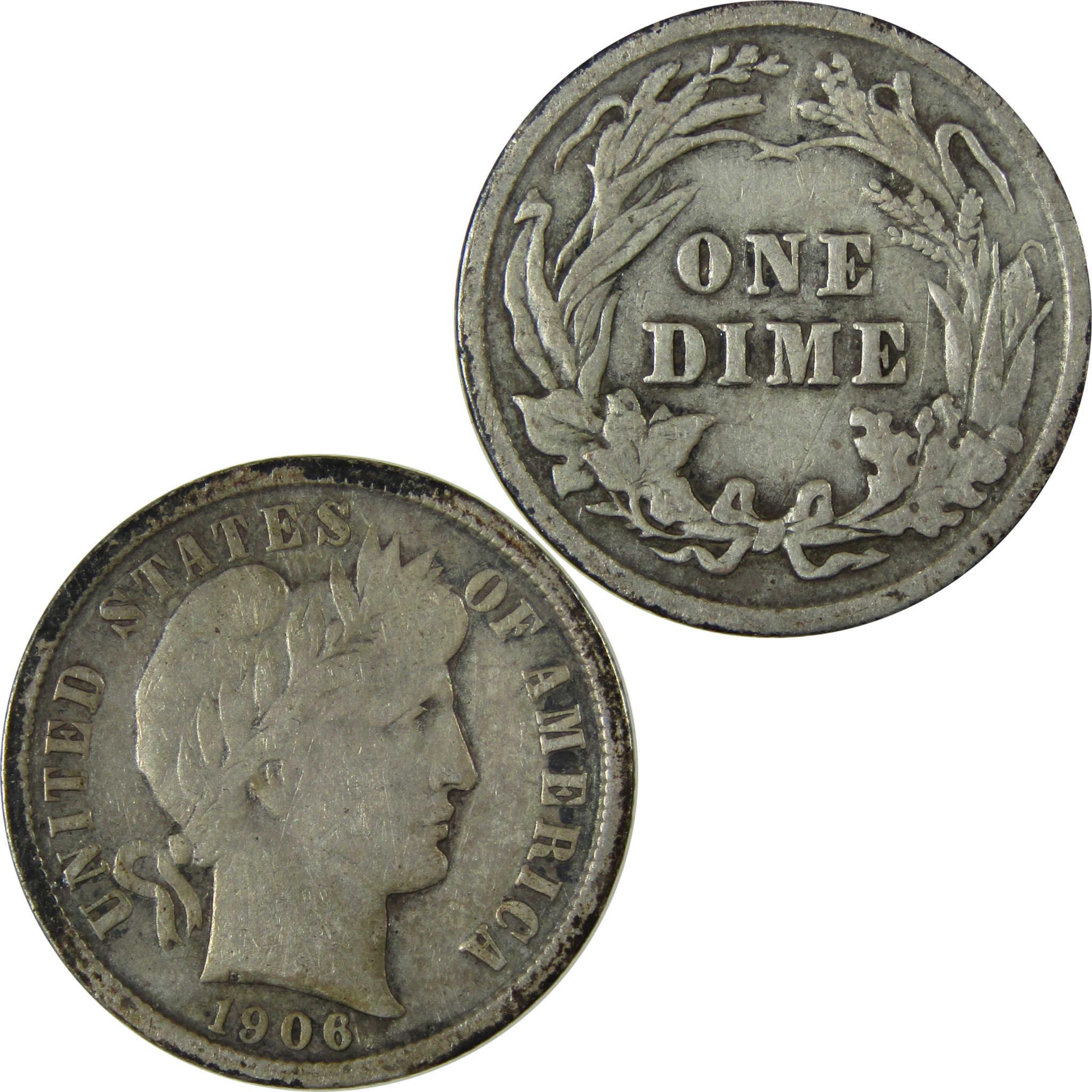 1906 Barber Silver Dime F Fine Details 10c Coin Collectible SKU:CP972