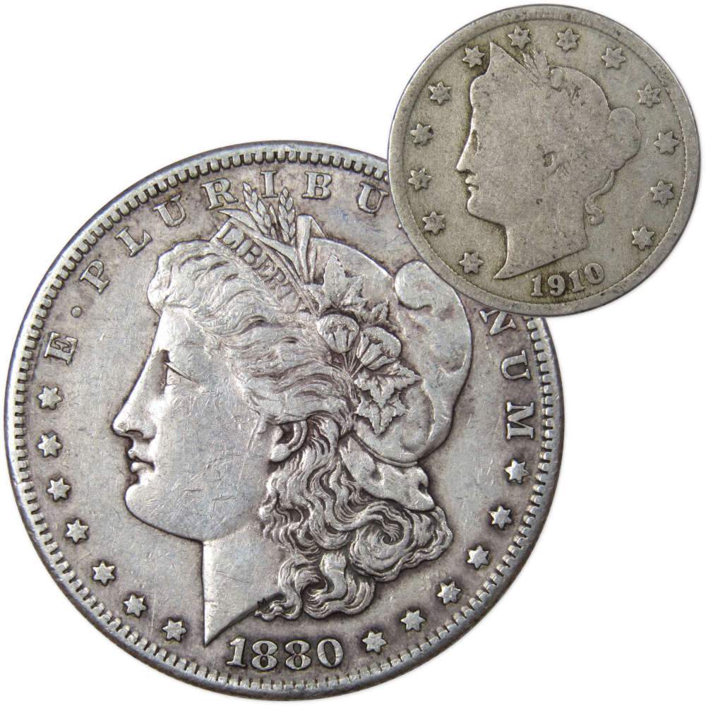 1880 S Morgan Silver Dollar VF Very Fine with 1910 Liberty Nickel Good - Morgan coin - Morgan silver dollar - Morgan silver dollar for sale - Profile Coins &amp; Collectibles