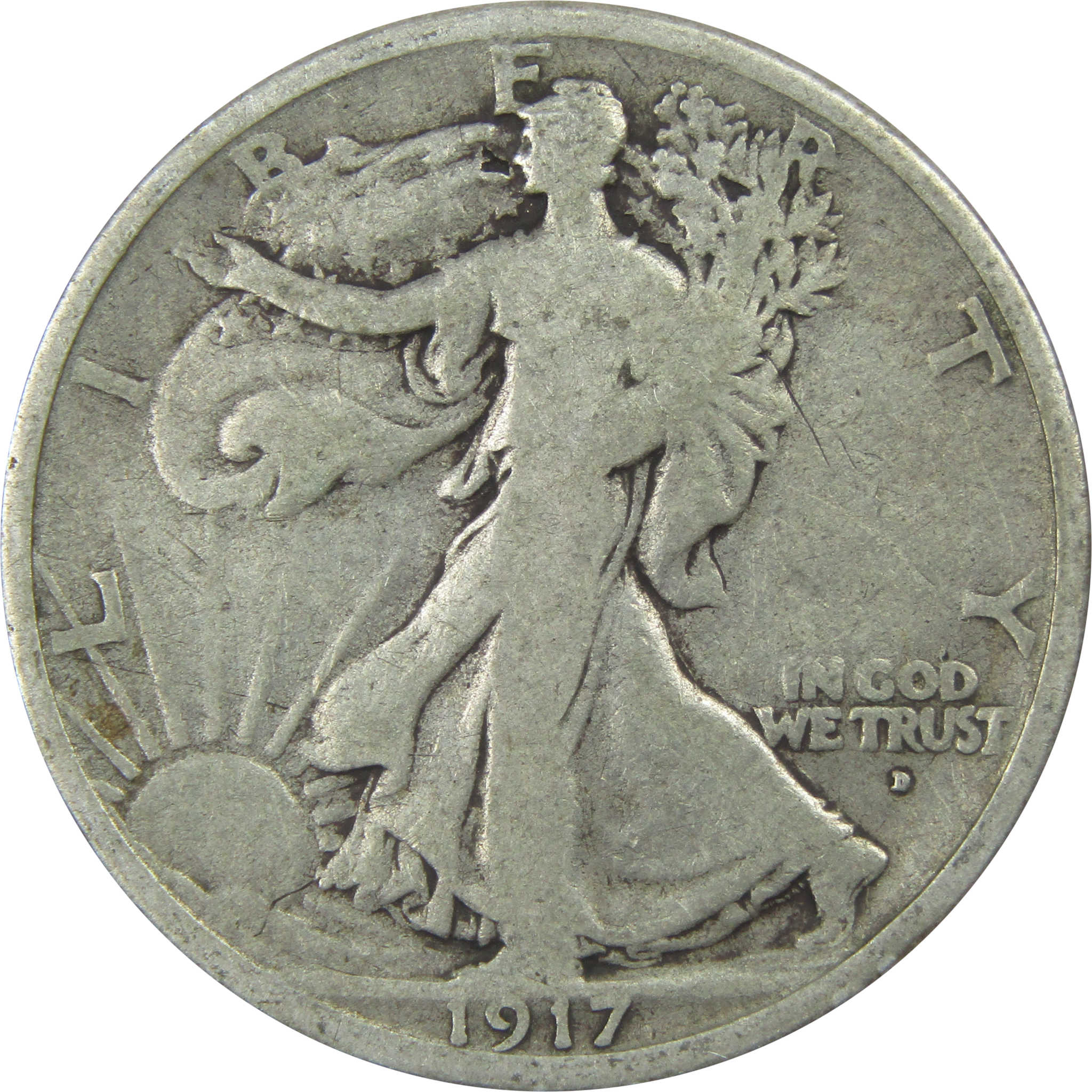 1917 D Obverse Liberty Walking Half Dollar Very Good Silver SKU:I15253