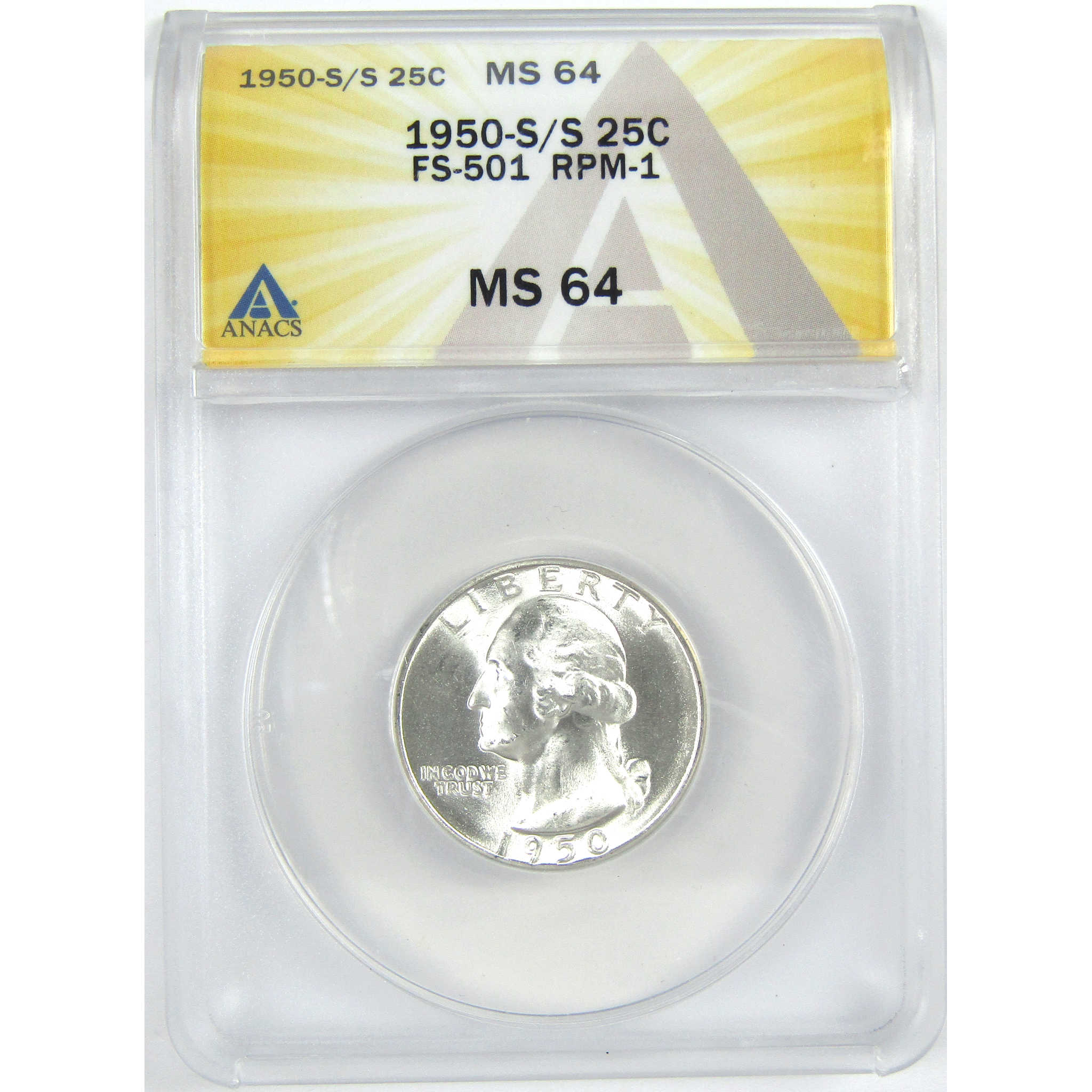 1950 S/S FS-501 RPM-1 Washington Quarter MS 64 ANACS Silver SKU:I16329