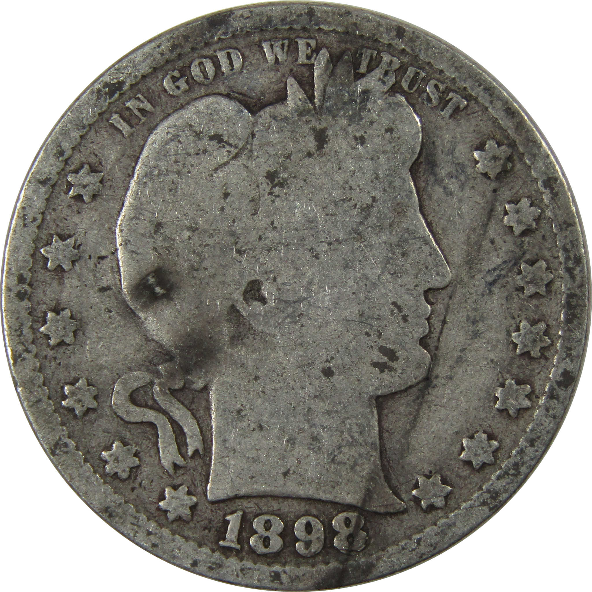 1898 S Barber Quarter G Good Details Silver 25c Coin Toned SKU:I23718