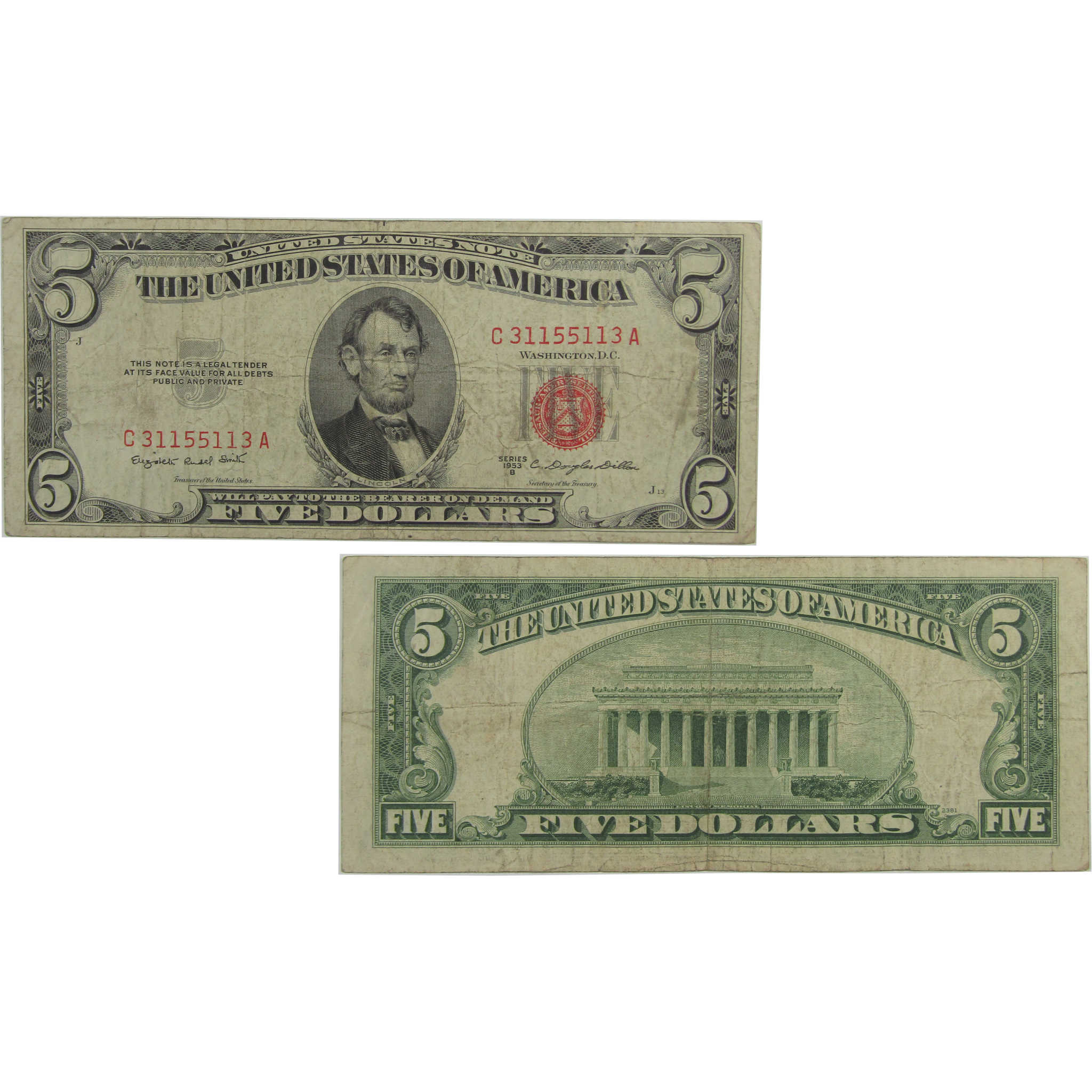 1953 B $5 Small Size Legal Tender Radar Note F Fine Currency