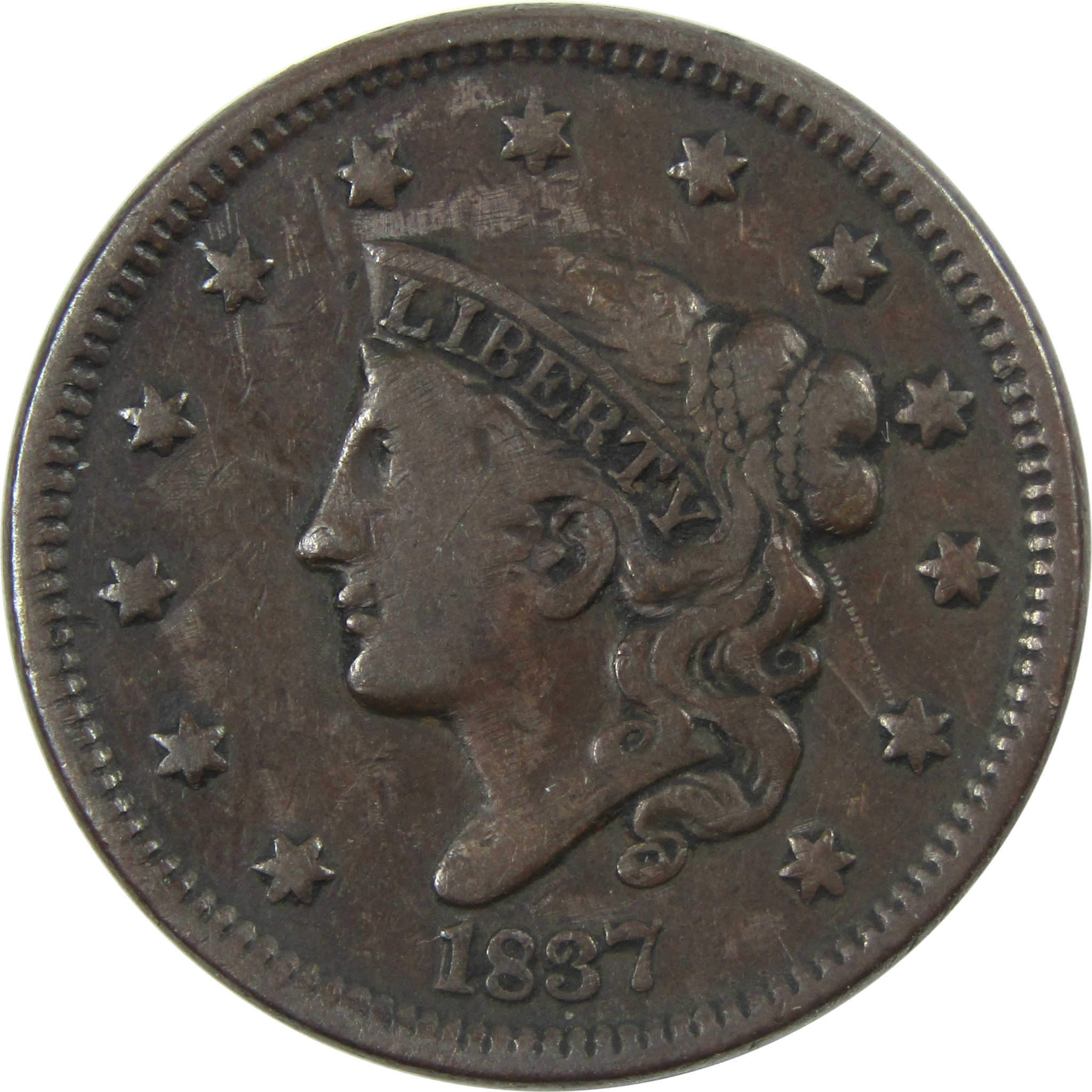 1837 Head of 1838 Beaded Cord Coronet Head Large Cent VF SKU:I13983