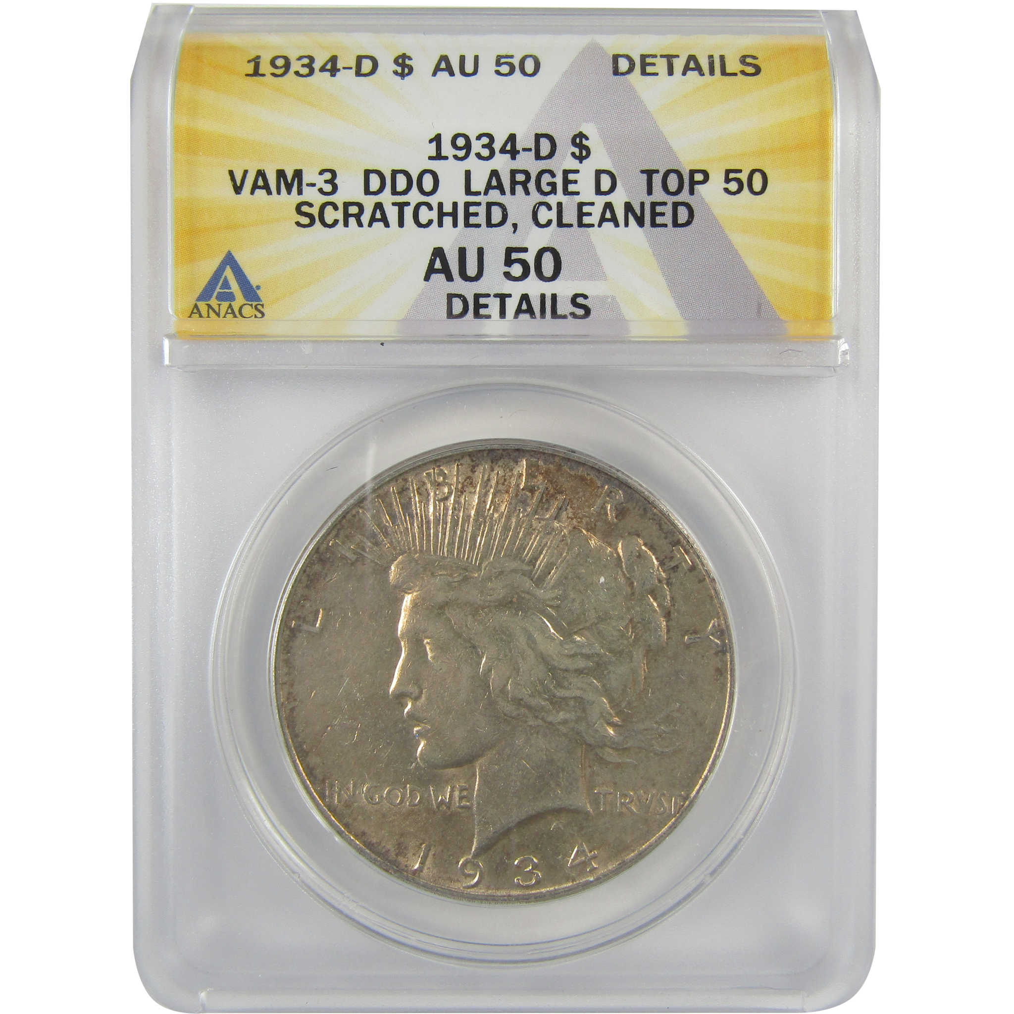 1934 D VAM-3 DDO Large D Peace Dollar AU 50 Details ANACS SKU:I21581