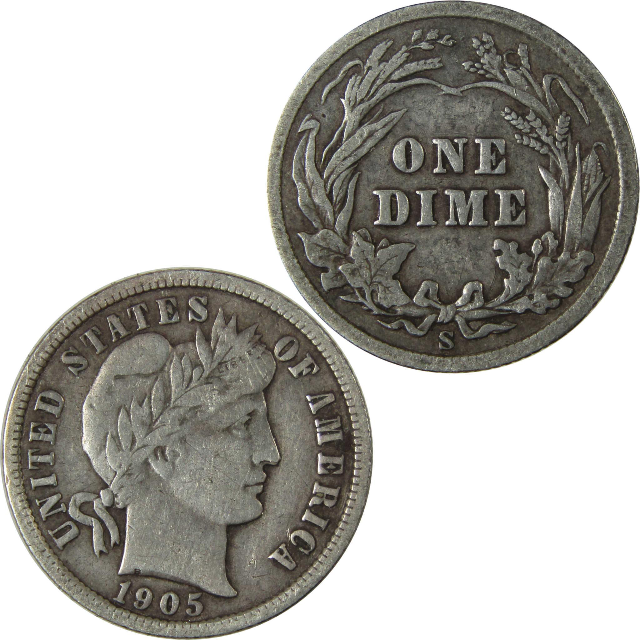 1905 S Barber Silver Dime F Fine 10c Coin Collectible SKU:CP988