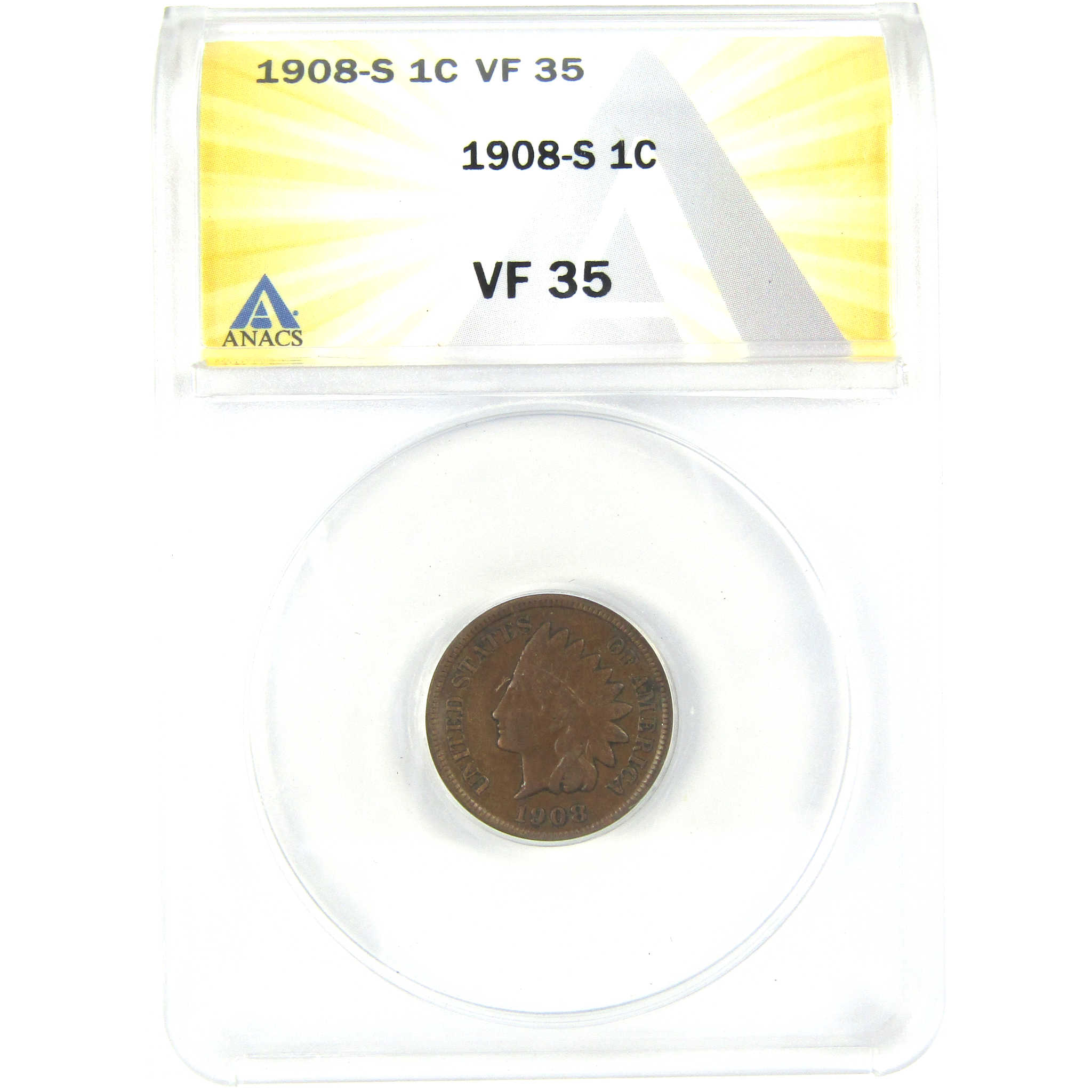 1908 S Indian Head Cent VF 35 ANACS Penny 1c Coin SKU:I16264