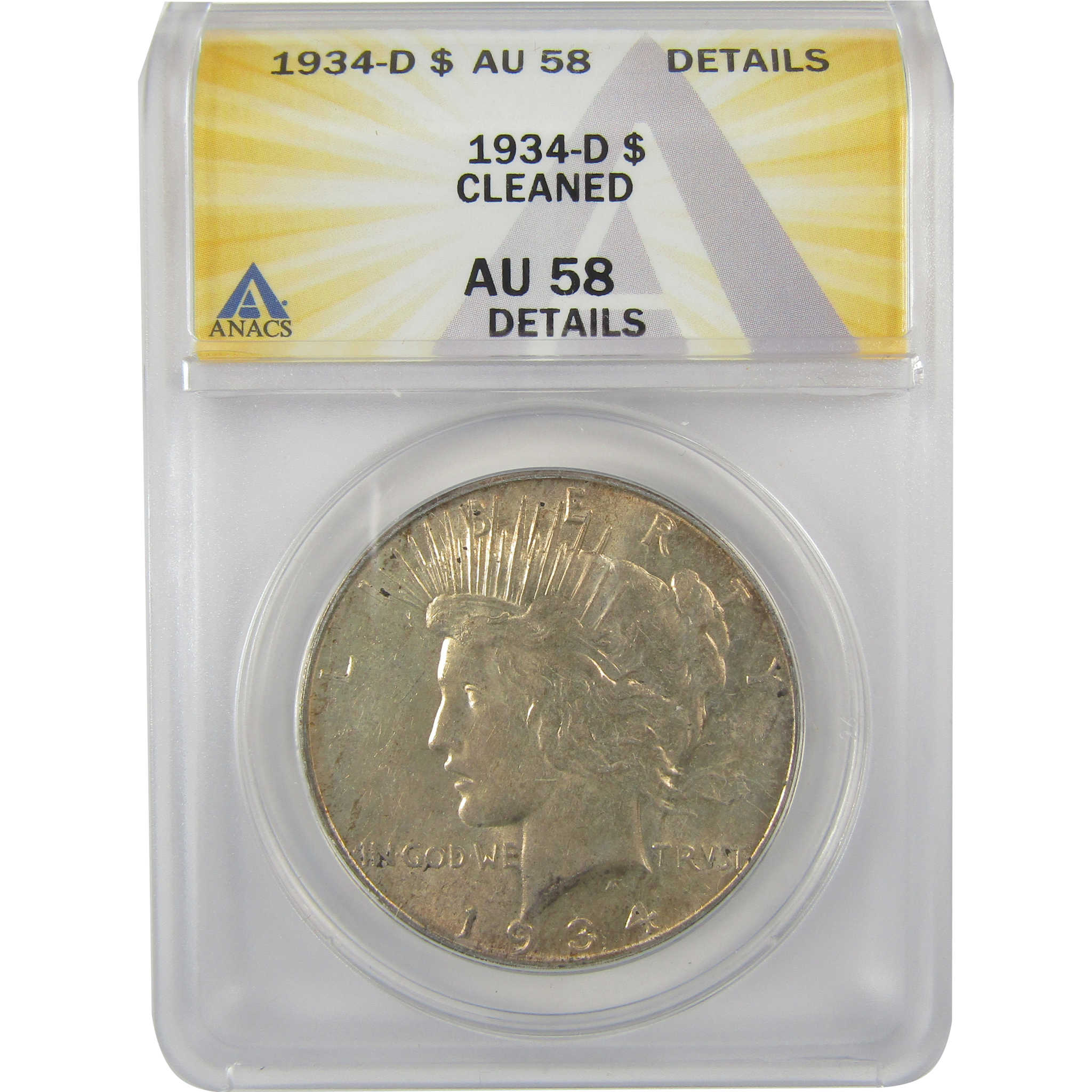 1934 D Peace Dollar AU 58 Details ANACS Silver $1 Coin SKU:I21603