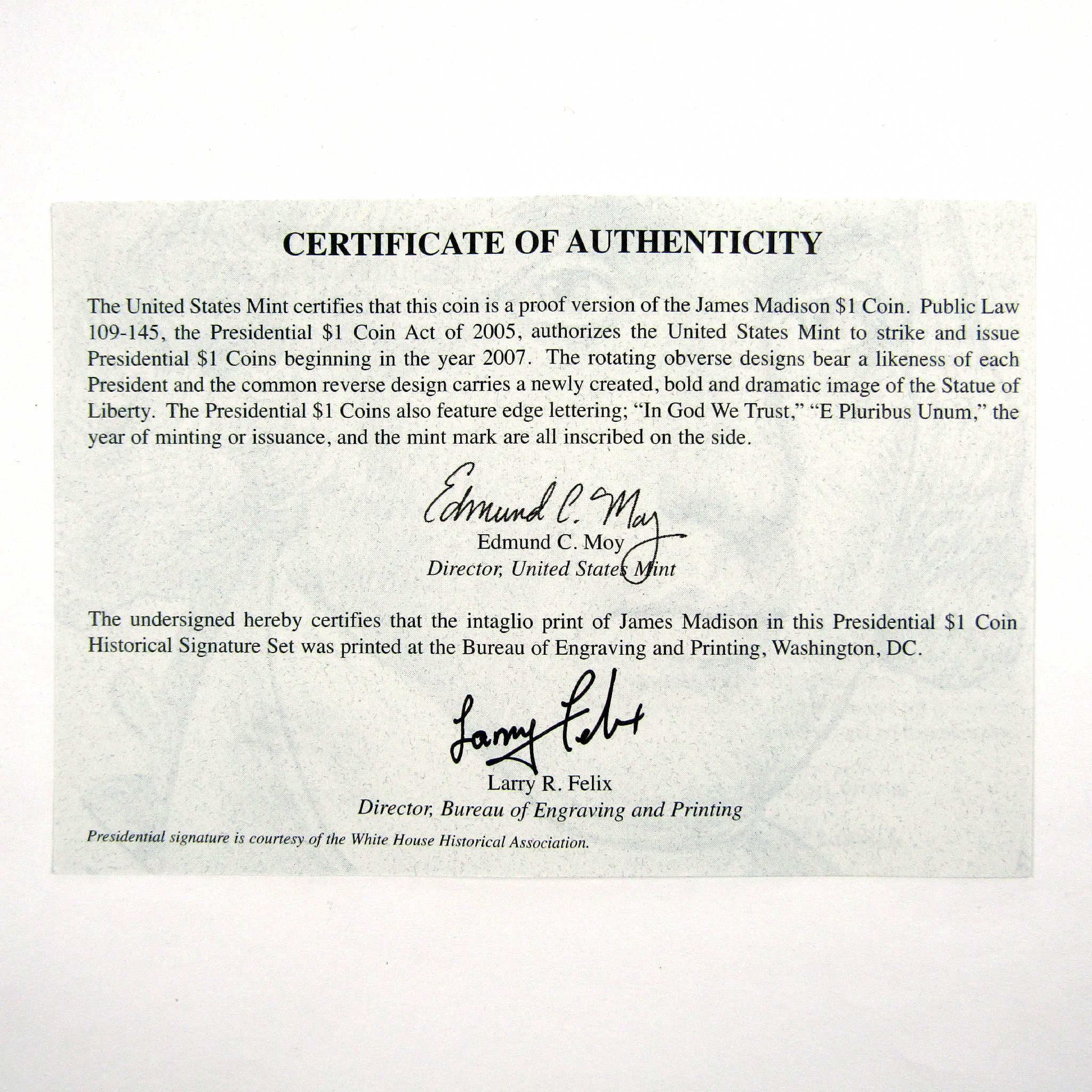 2009 S James Madison Presidential Signature Set OGP COA SKU:CPC6111