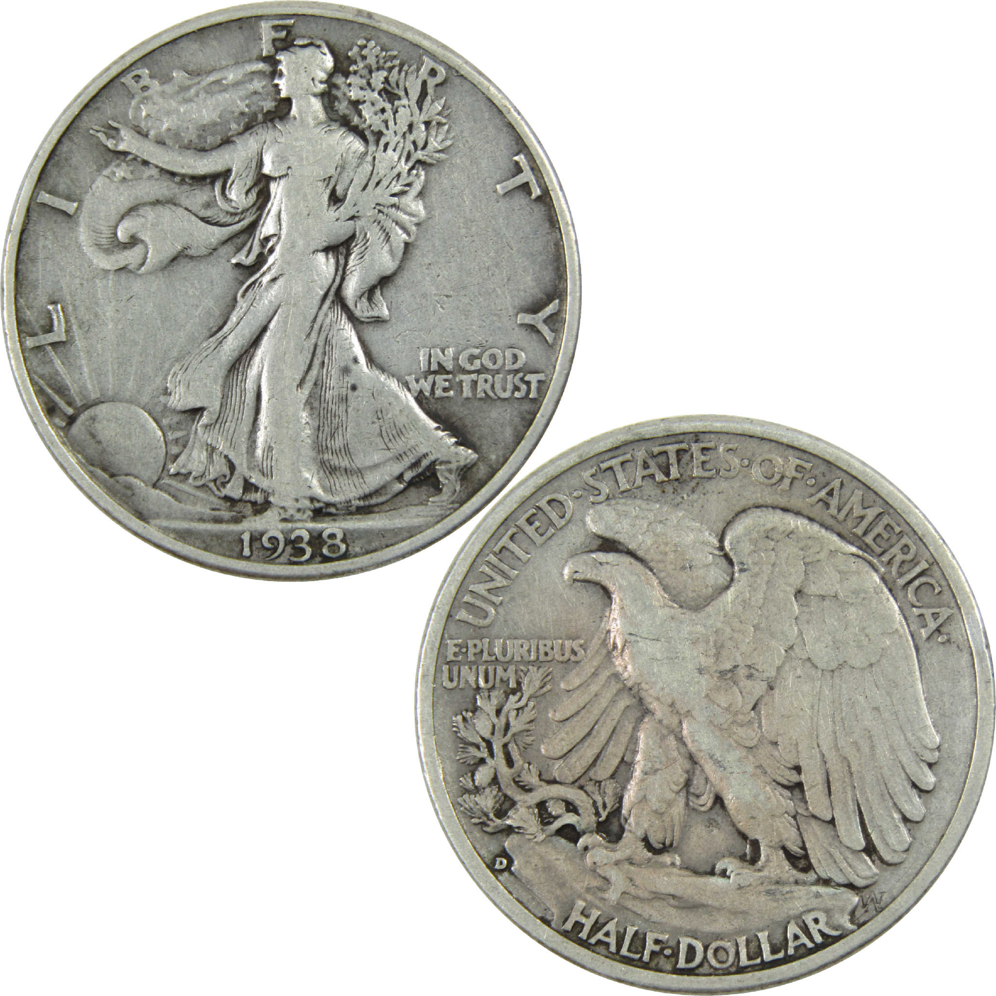 1938 D Liberty Walking Half Dollar F Fine Silver 50c Coin SKU:I12355