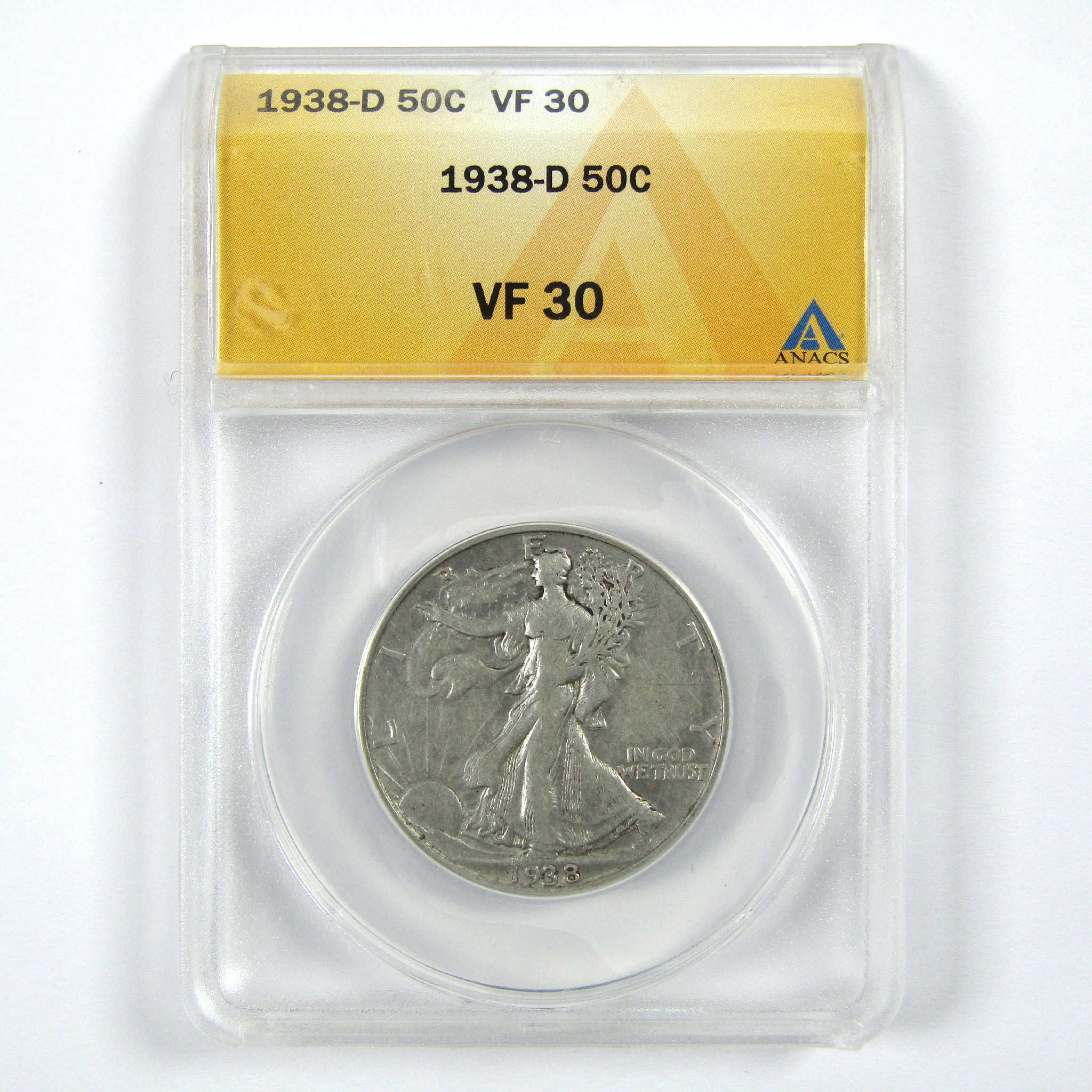 1938 D Liberty Walking Half Dollar VF 30 ANACS Silver SKU:I11906