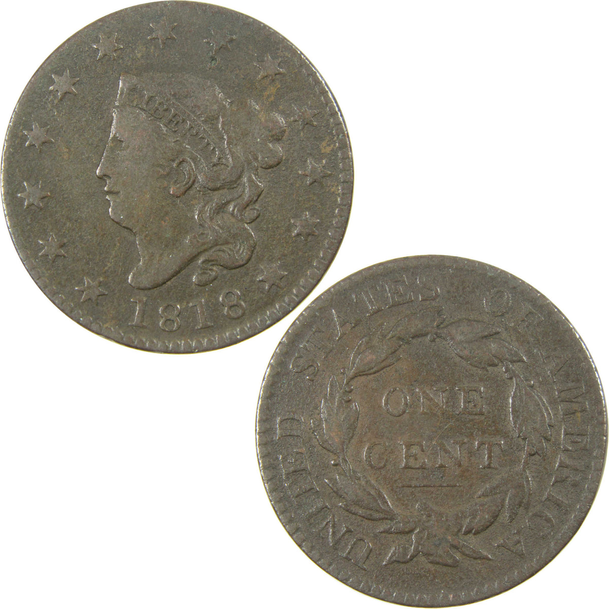 1818 Coronet Head Copper Large Cent F Fine Penny 1c Coin SKU:CP1790