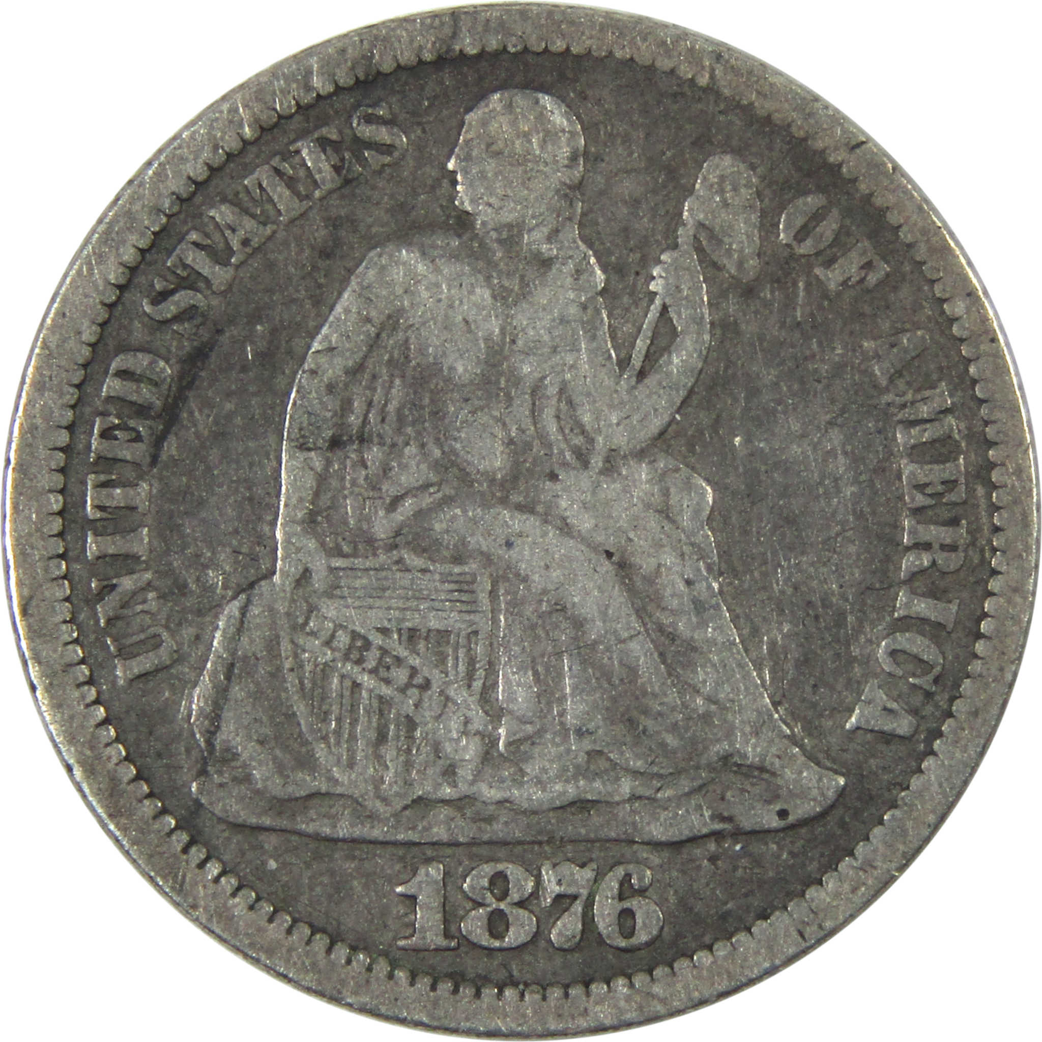 1876 CC Seated Liberty Dime F Fine Silver 10c Coin SKU:I14752