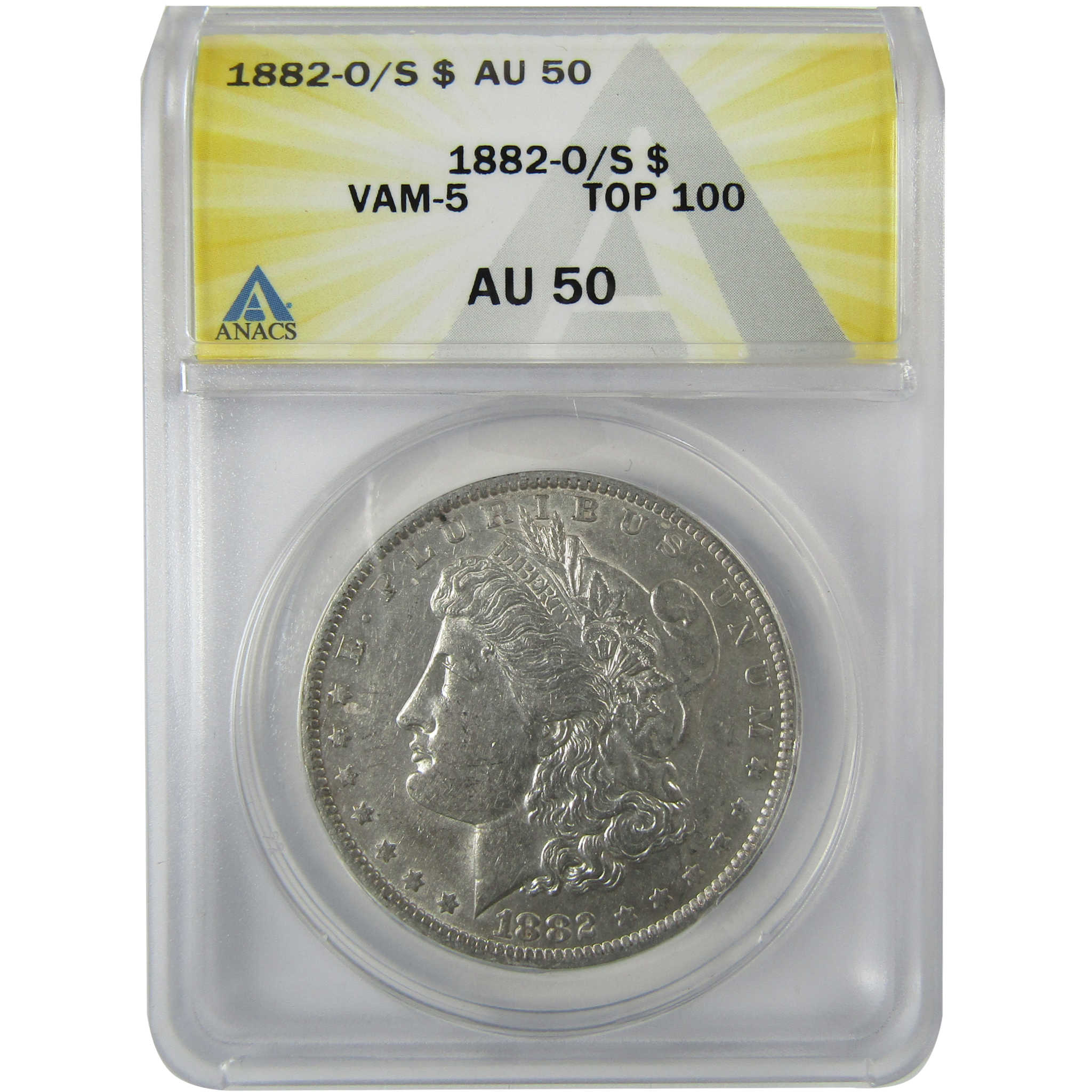 1882 O/S VAM-5 Top 100 Morgan Silver Dollar AU 50 ANACS SKU:CP828 - Morgan coin - Morgan silver dollar - Morgan silver dollar for sale - Profile Coins &amp; Collectibles