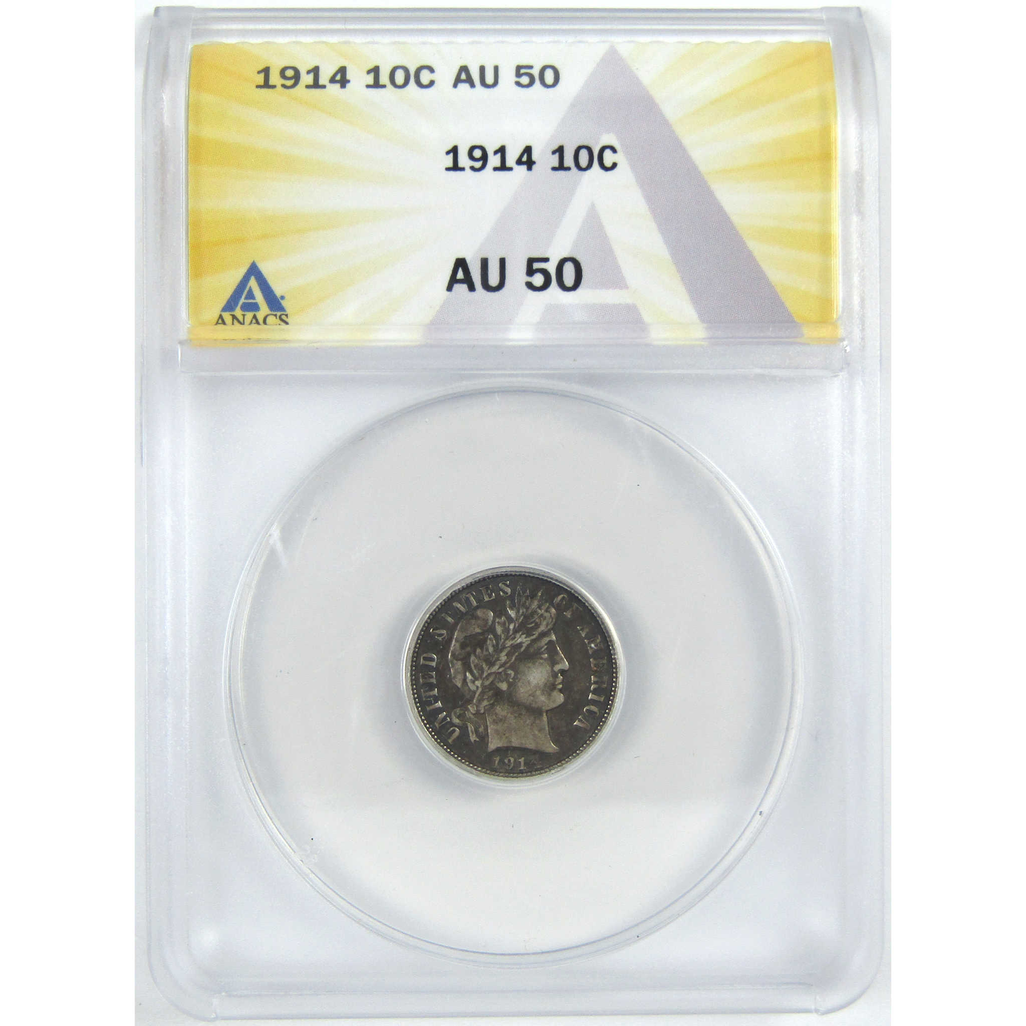 1914 Barber Dime AU 50 ANACS Silver 10c Coin SKU:I16308