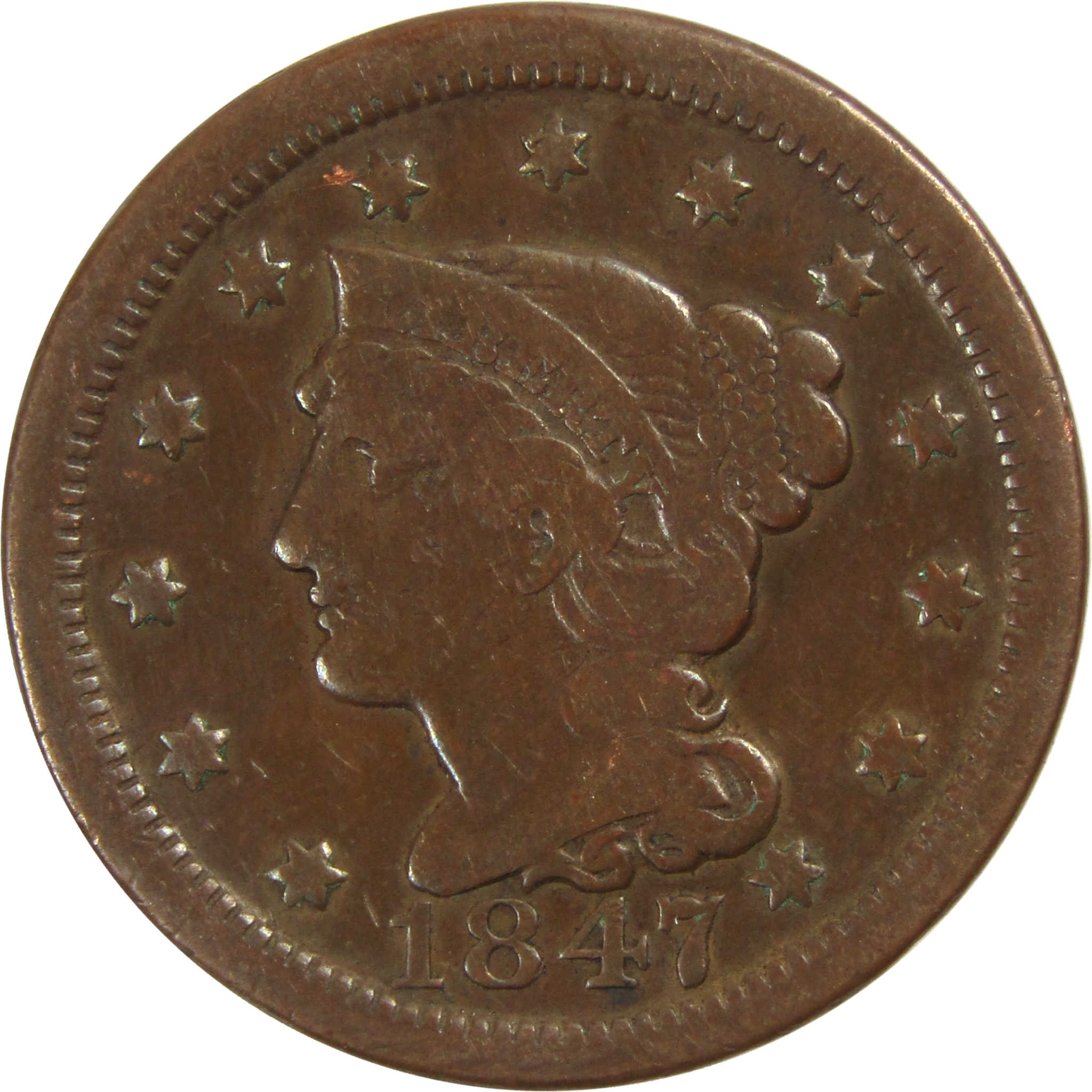 1847 Braided Hair Large Cent F Fine Copper Penny 1c Coin SKU:I8115