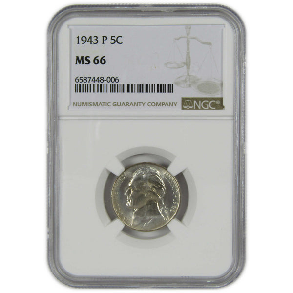 1943 P Jefferson Wartime Silver Nickel MS 66 NGC 5c Coin SKU:I28834