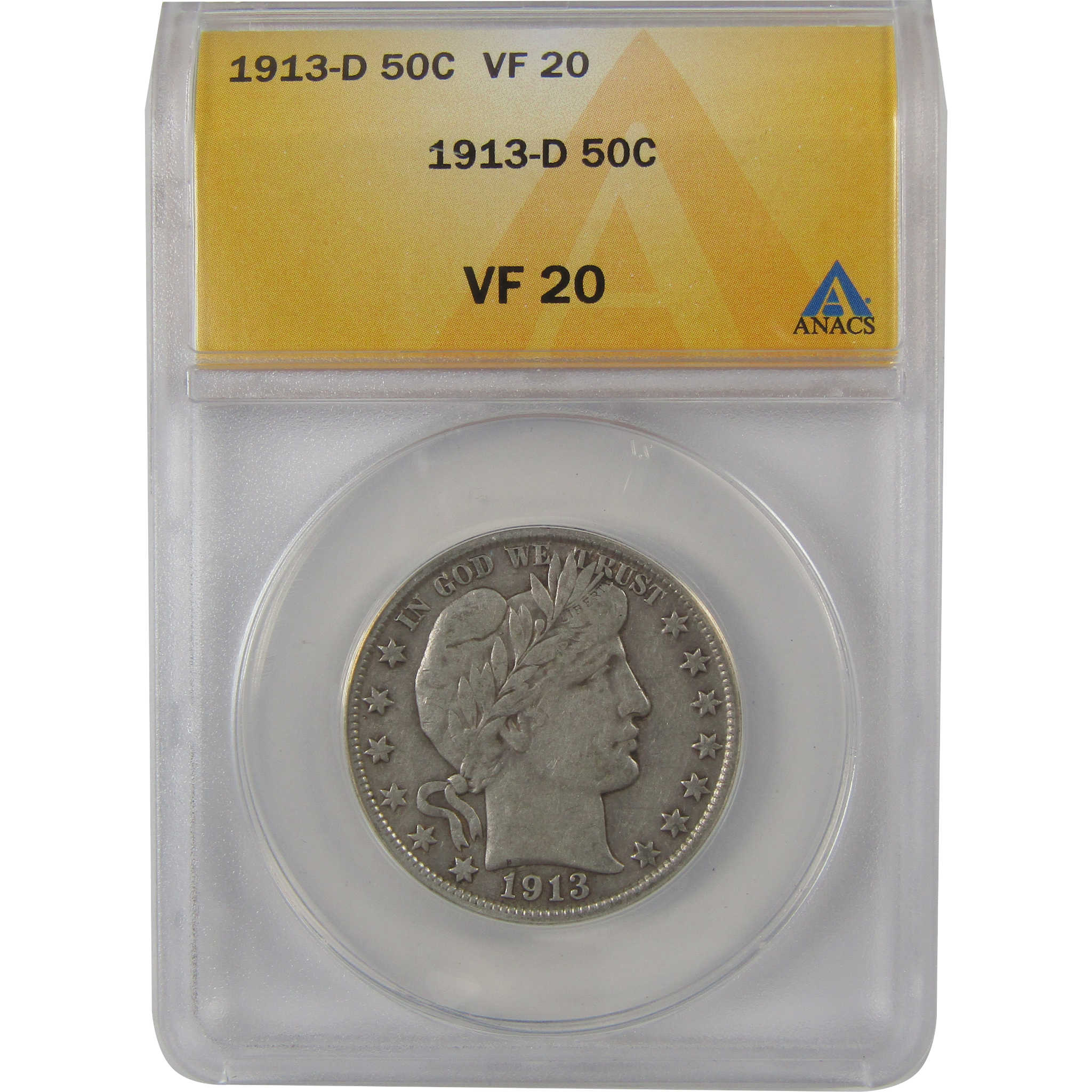 1913 D Barber Half Dollar VF 20 ANACS Silver 50c Coin SKU:I23539