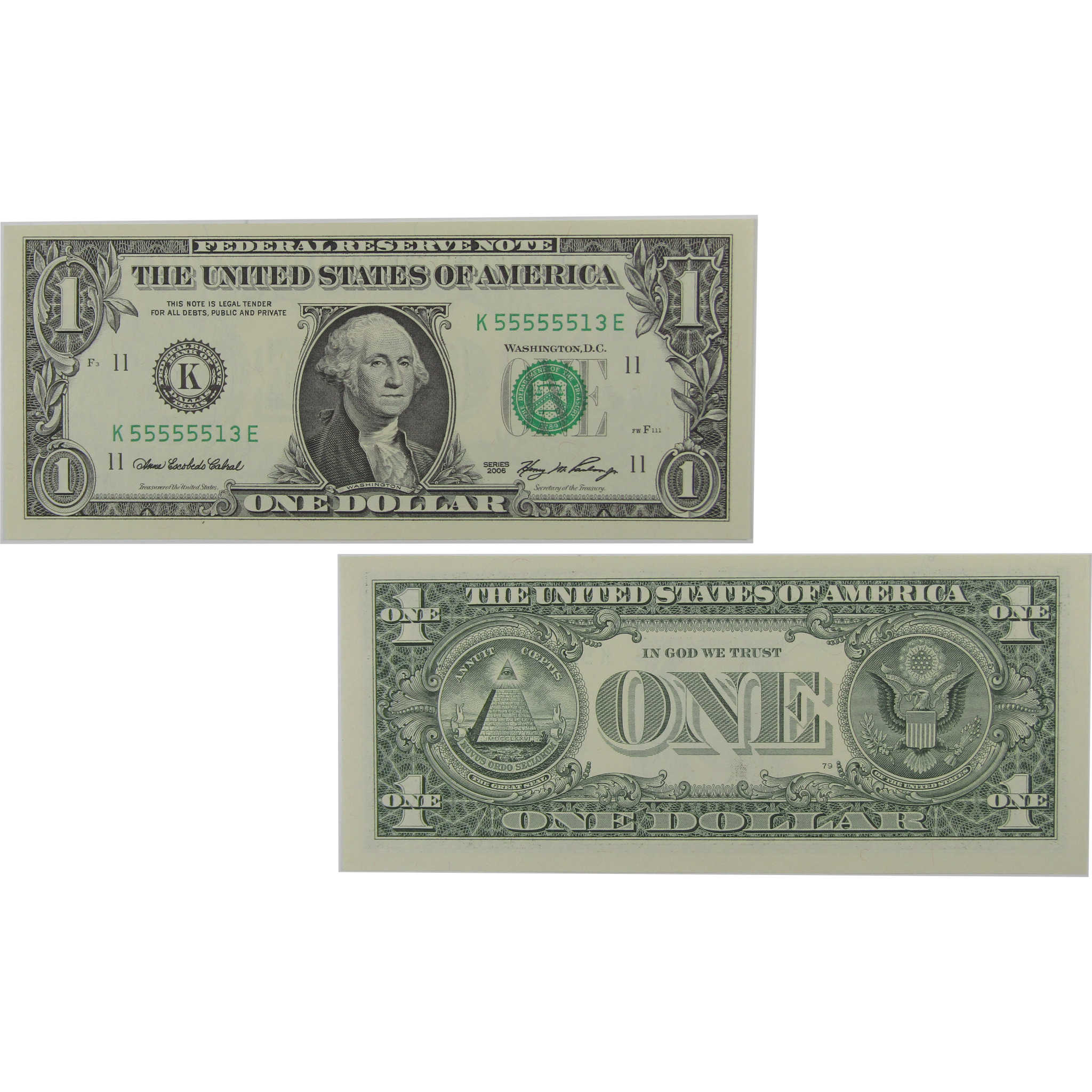 2006 $1 Federal Reserve Note Uncirculated Serial Block Starts Six 5's