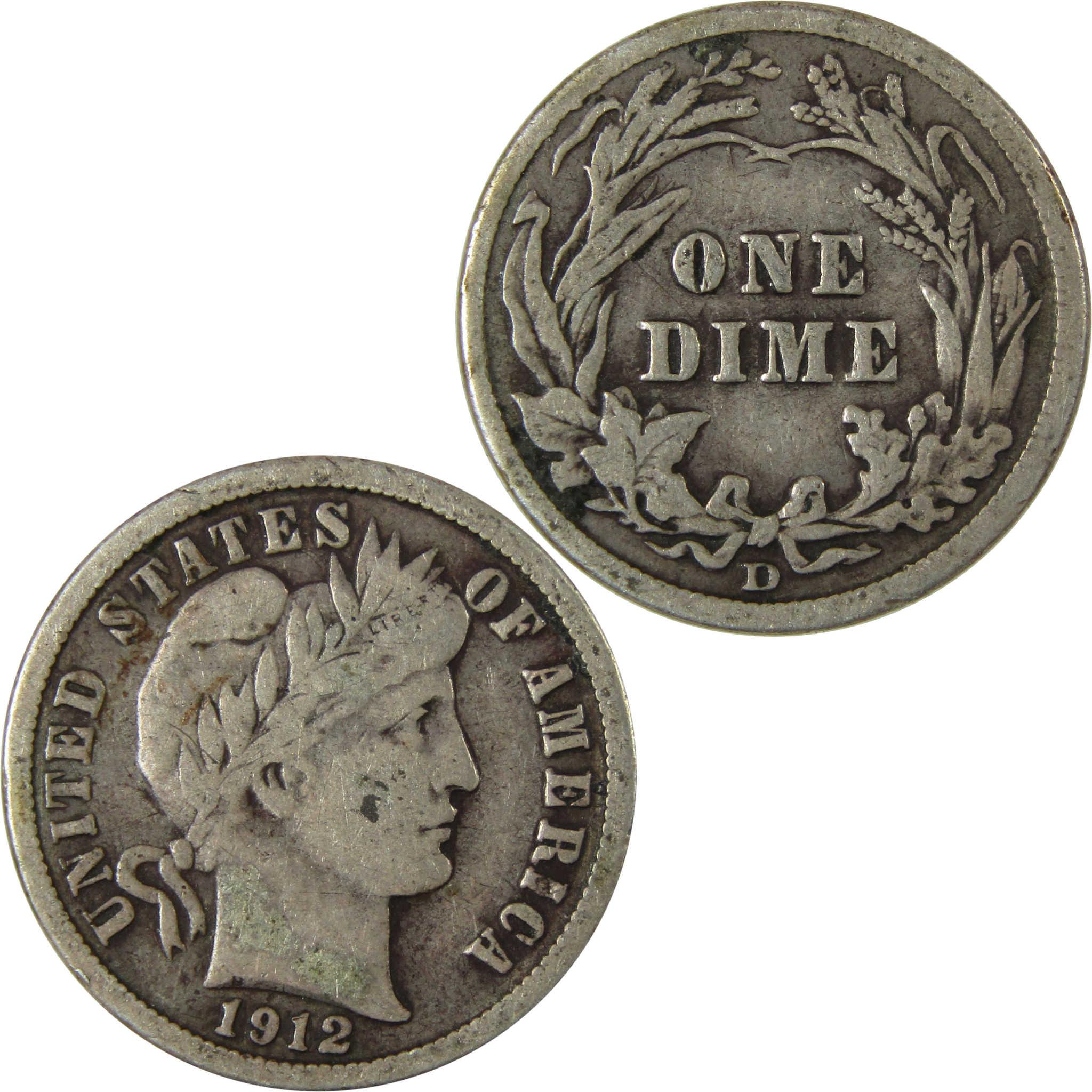 1912 D Barber Silver Dime F Fine 10c Coin Collectible SKU:CP979