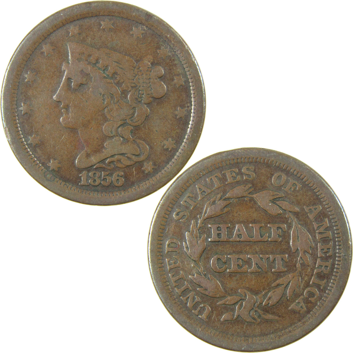 1856 Braided Hair Copper Half Cent VG Very Good 1/2c Coin Collectible