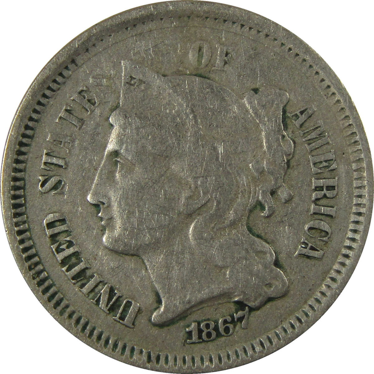 1867 Nickel Three Cent Piece VF Very Fine Details 3c Coin SKU:I28515