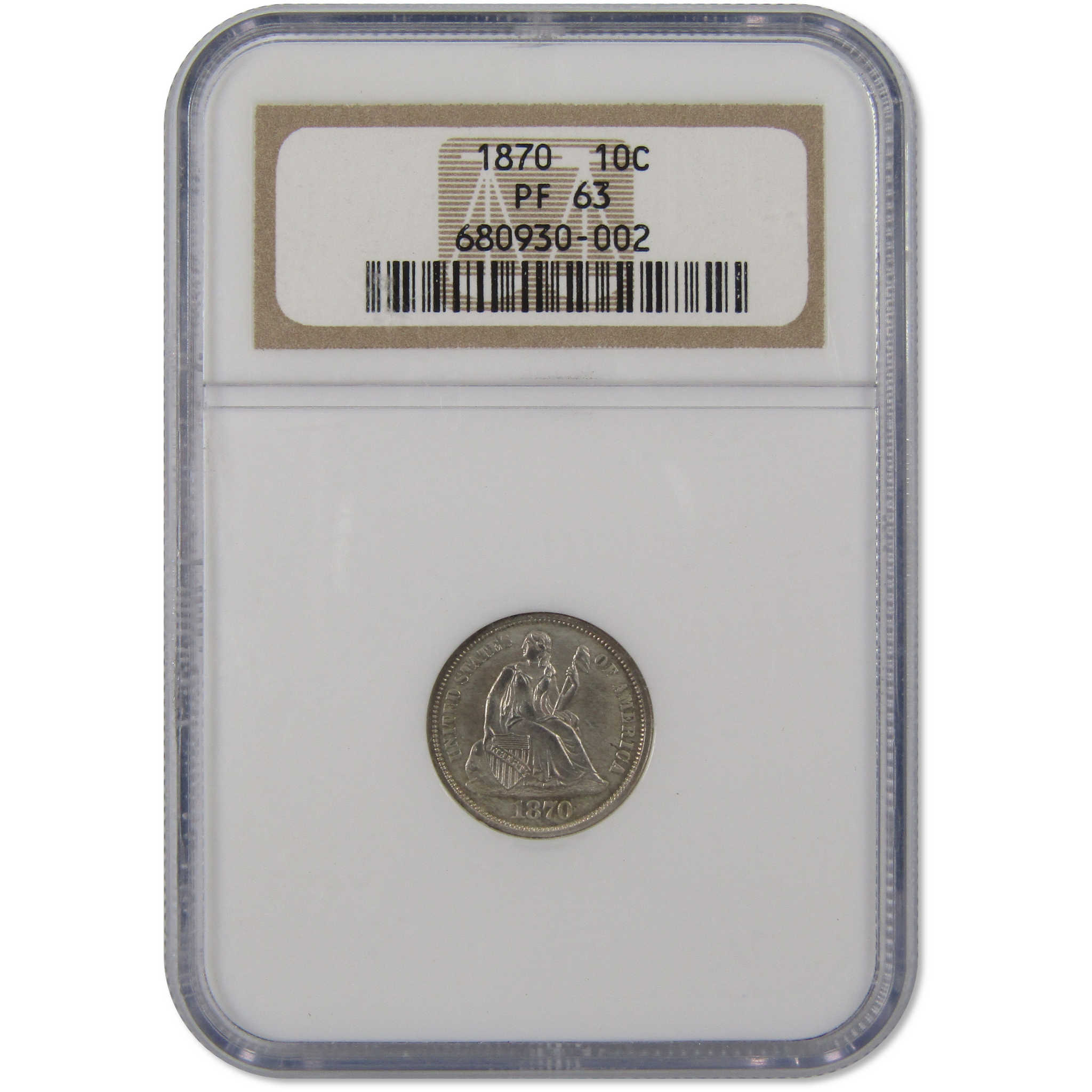1870 Seated Liberty Dime PF 63 NGC 90% Silver 10c Proof Coin SKU:I9751