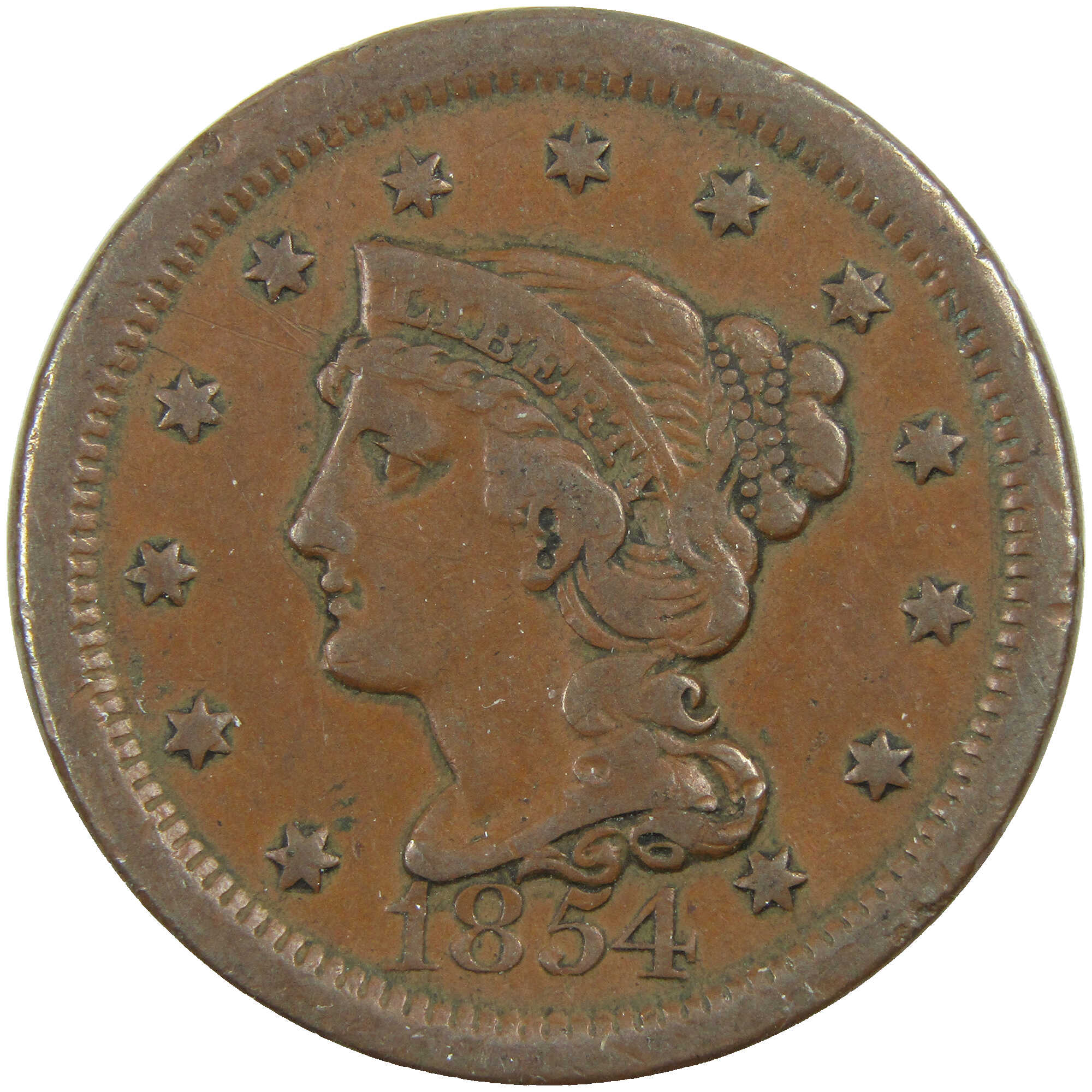 1854 Braided Hair Large Cent VF Very Fine Copper Penny SKU:I12965