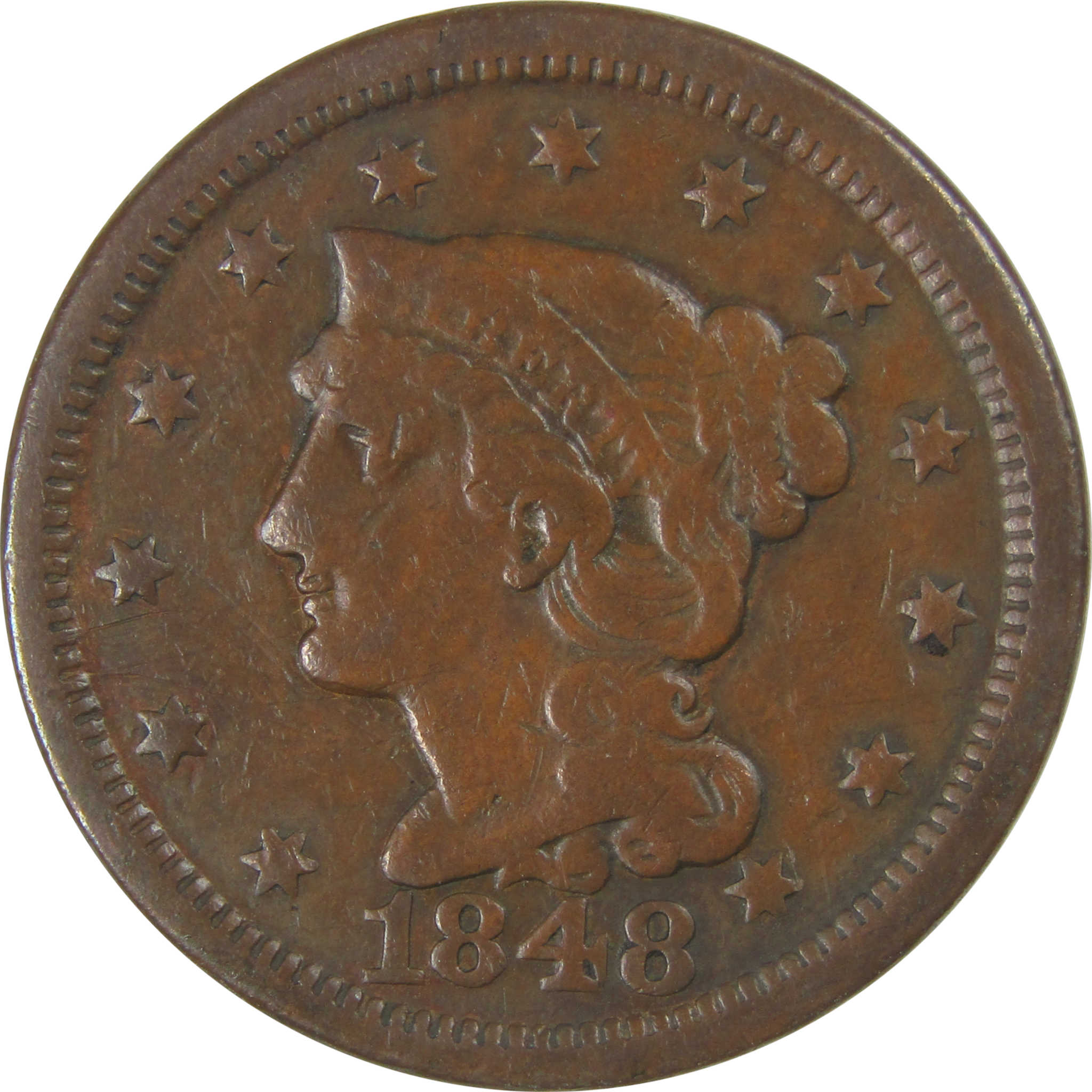 1848 Braided Hair Large Cent F Fine Copper Penny 1c Coin SKU:CP17