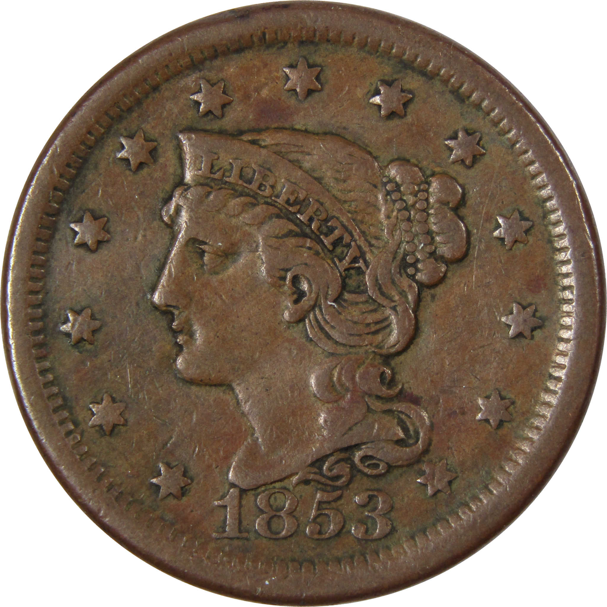 1853 Braided Hair Large Cent VF Very Fine Copper Penny Coin SKU:I314