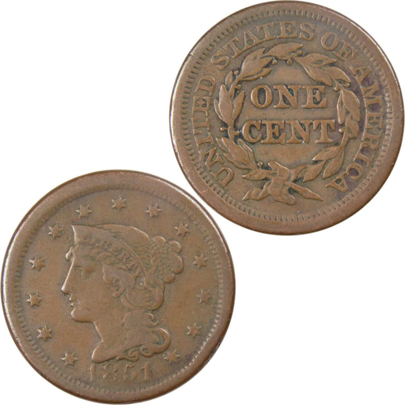 1851 Normal Date Braided Hair Large Cent VG Very Good Copper Penny 1c US Coin - Profile Coins & Collectibles 