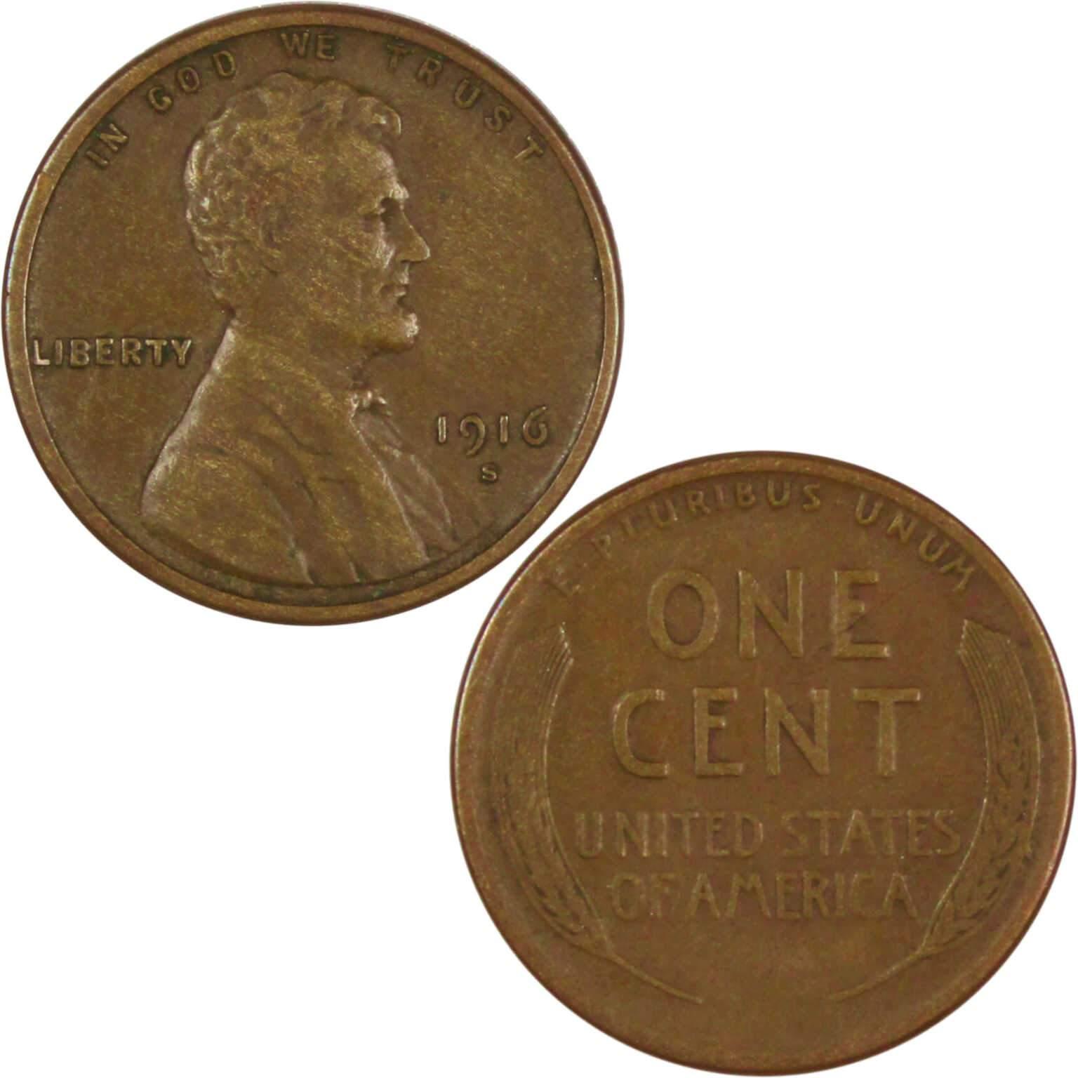 1916 S Lincoln Wheat Cent F Fine Bronze Penny 1c Coin Collectible