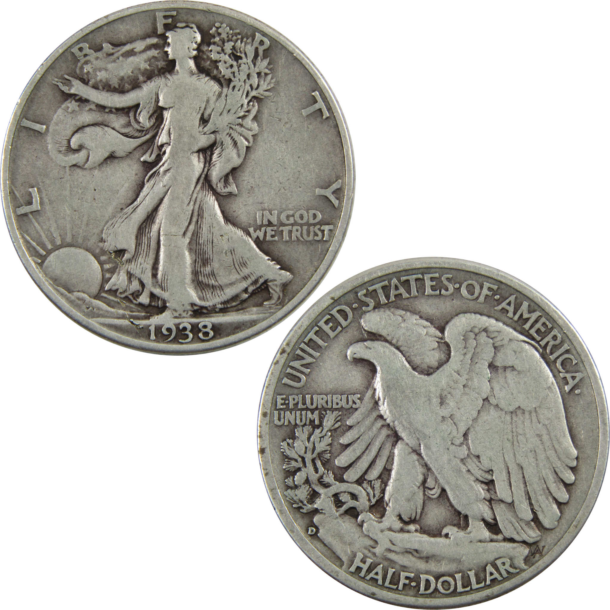 1938 D Liberty Walking Half Dollar F Fine 90% Silver 50c SKU:I4890