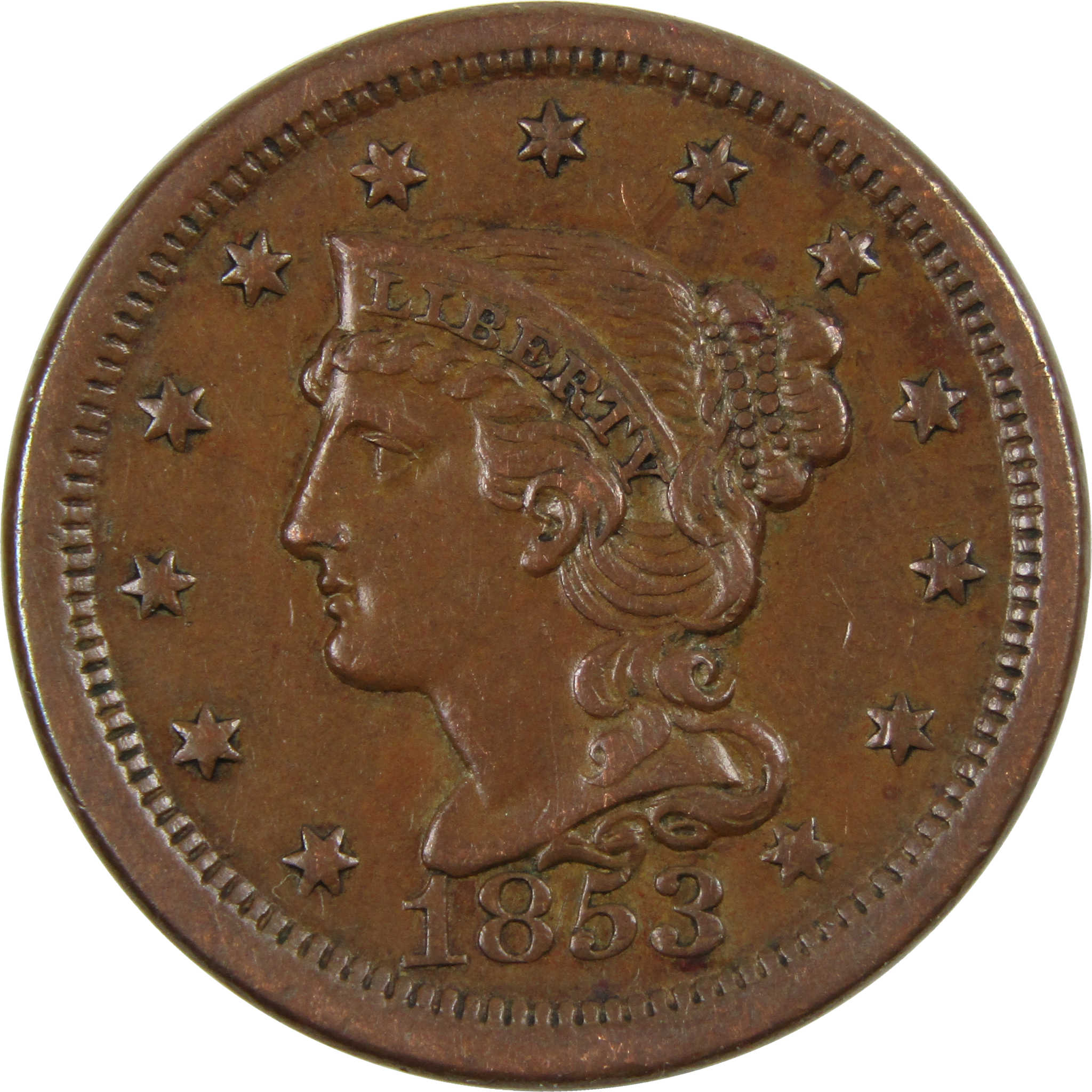 1853 Braided Hair Large Cent AU About Uncirculated Copper 1c SKU:I4286