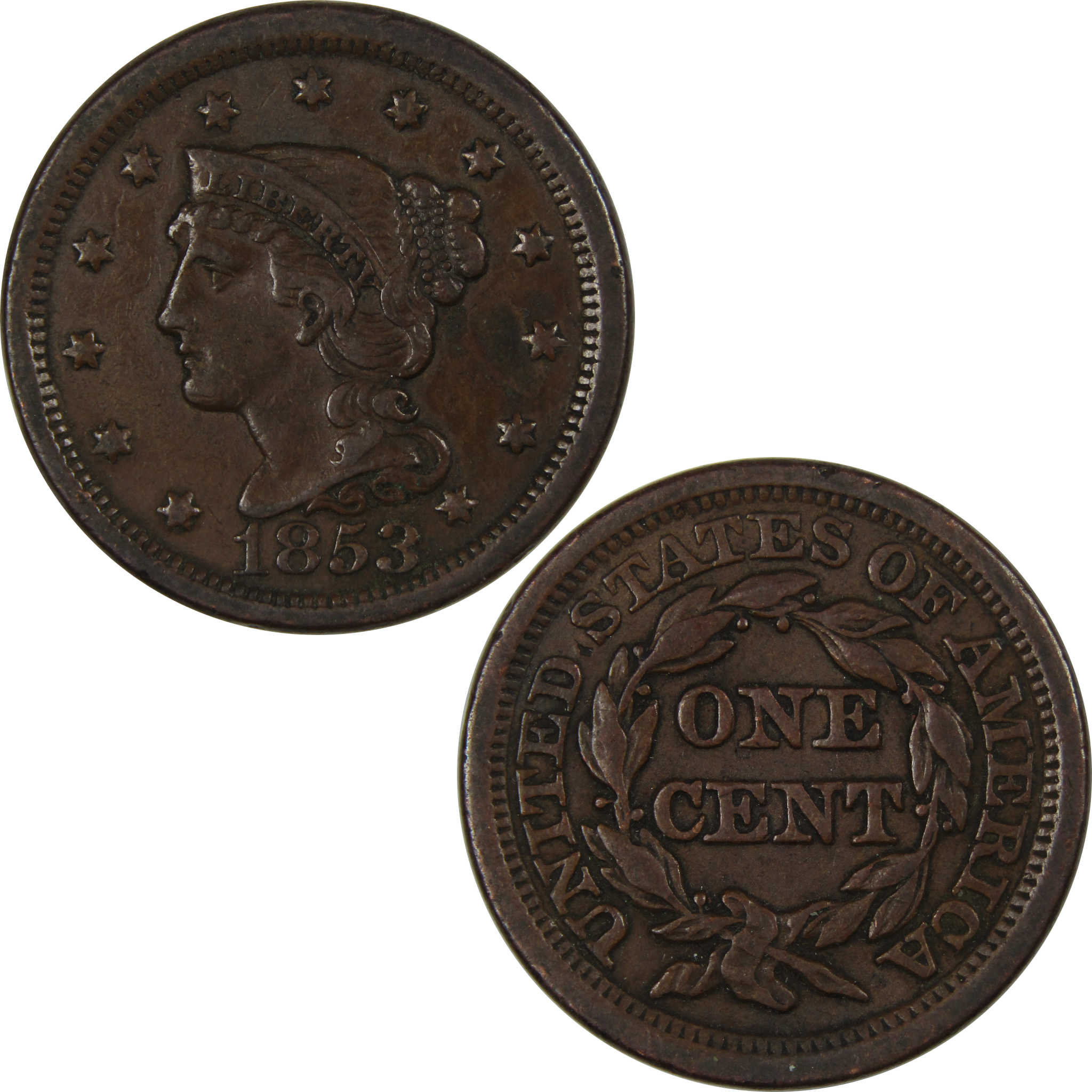 1853 Braided Hair Large Cent Extremely Fine Copper Penny Coin SKU:I219