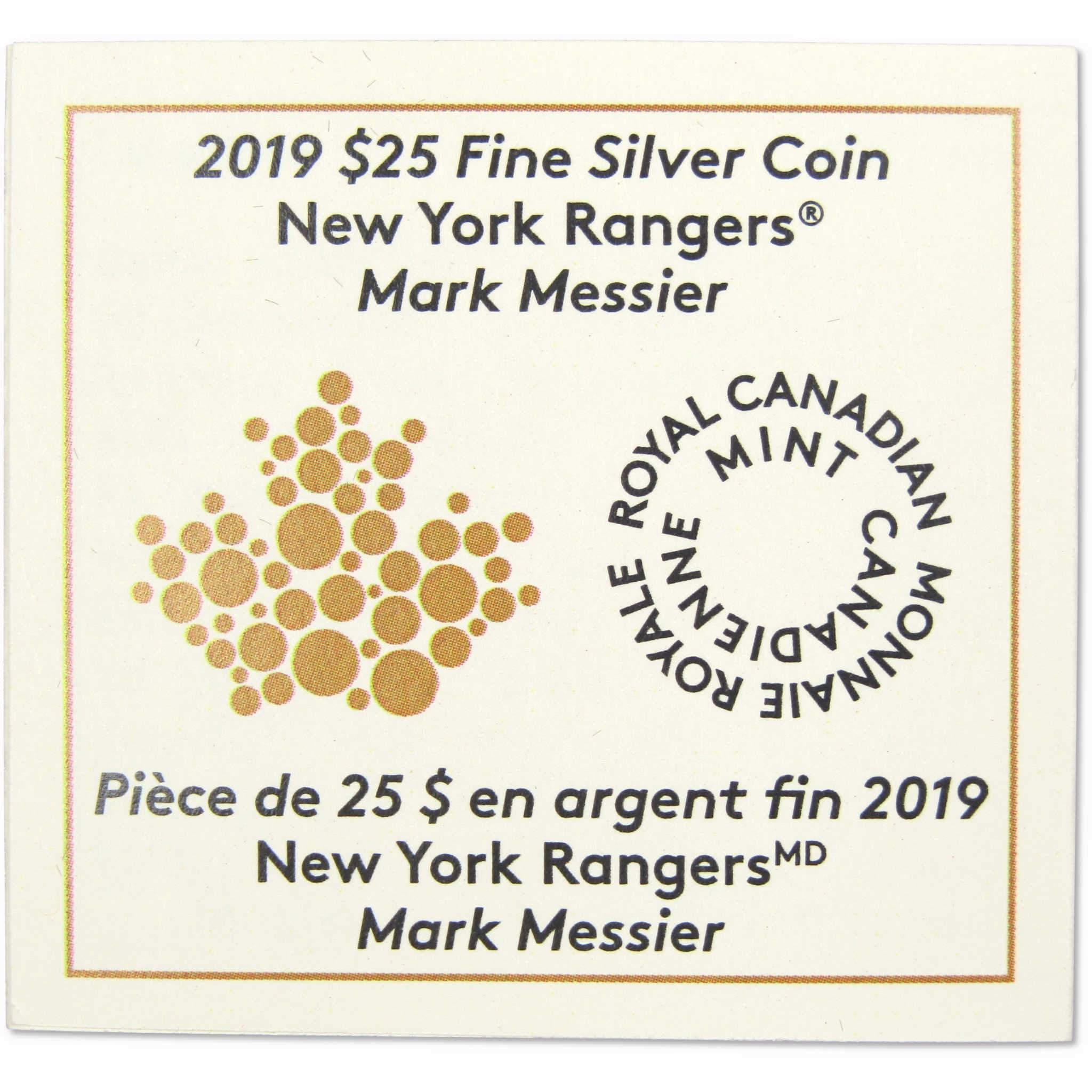 NHL New York Rangers Mark Messier .9999 Silver $25 Proof 2019 Canada COA