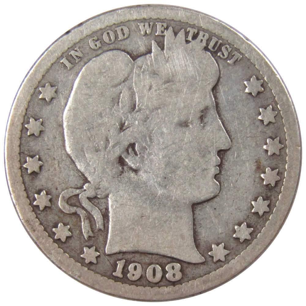 1908 O Barber Quarter G Good 90% Silver 25c US Type Coin Collectible