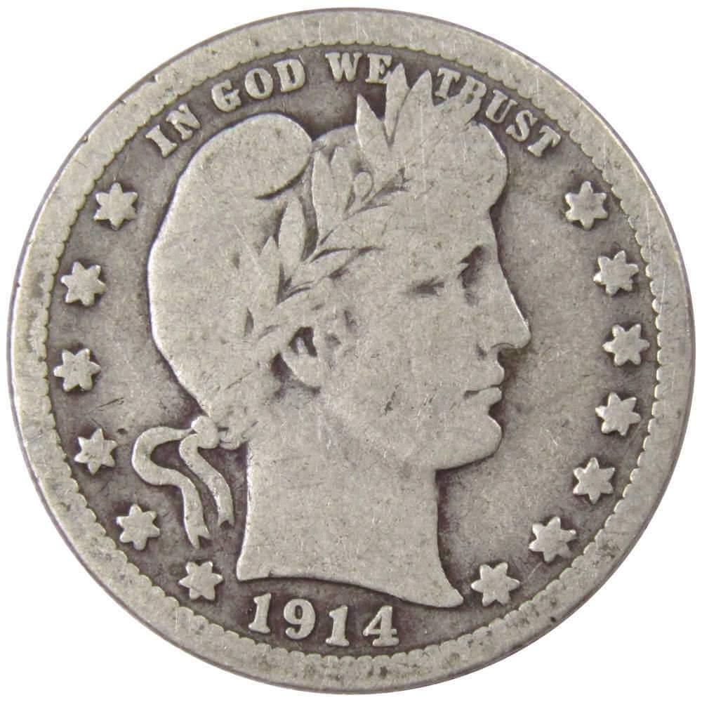 1914 Barber Quarter G Good 90% Silver 25c US Type Coin Collectible