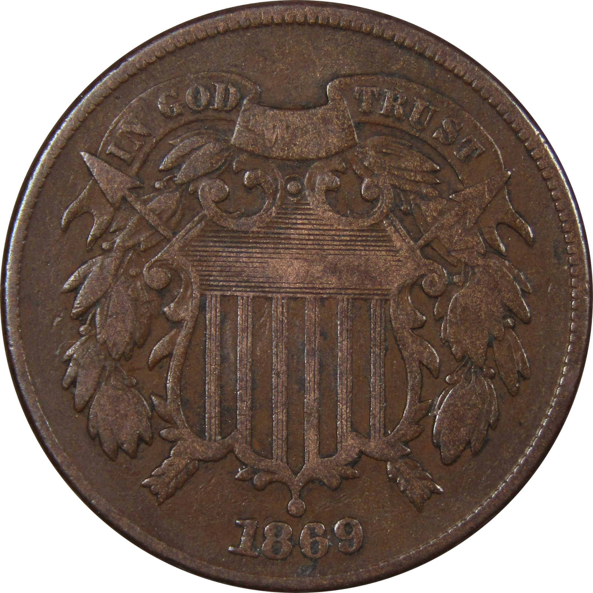 1869 Two Cent Piece F Fine 2c US Type Coin Collectible SKU:IPC9277